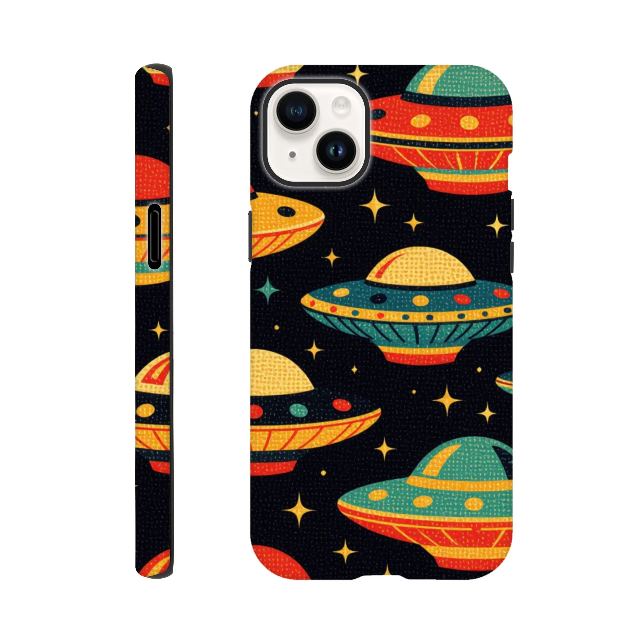 Vintage 1950’s retro tough protective phone case design. Trending vintage art. Compatible with iphones, aialchemyart.co.uk Flying saucers 1950’s