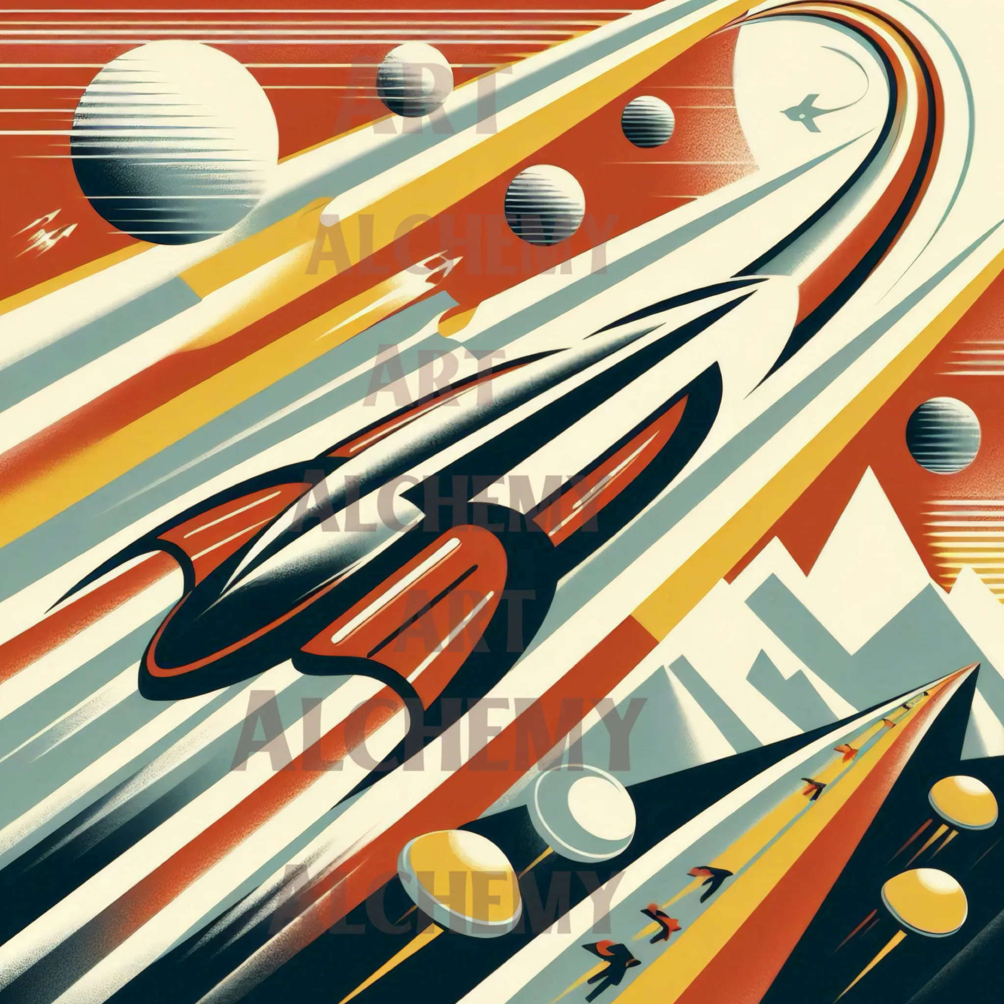 Vintage 1950’s space ship rocket. Retro art deco wall art. Trending vintage art. Best prints and posters in the uk. Aialchemyart.co.uk