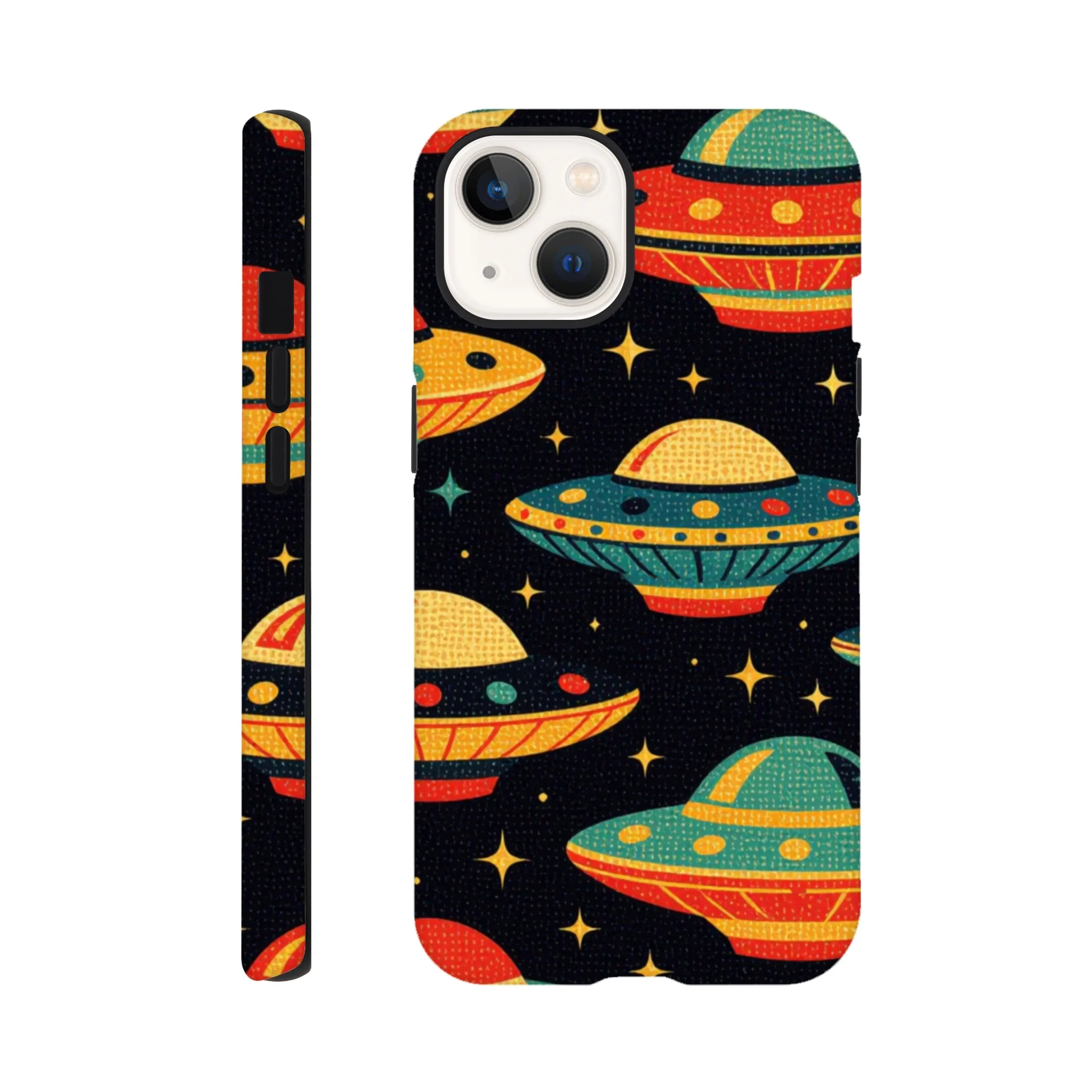 Vintage 1950’s retro tough protective phone case design. Trending vintage art. Compatible with iphones, aialchemyart.co.uk Flying saucers 1950’s