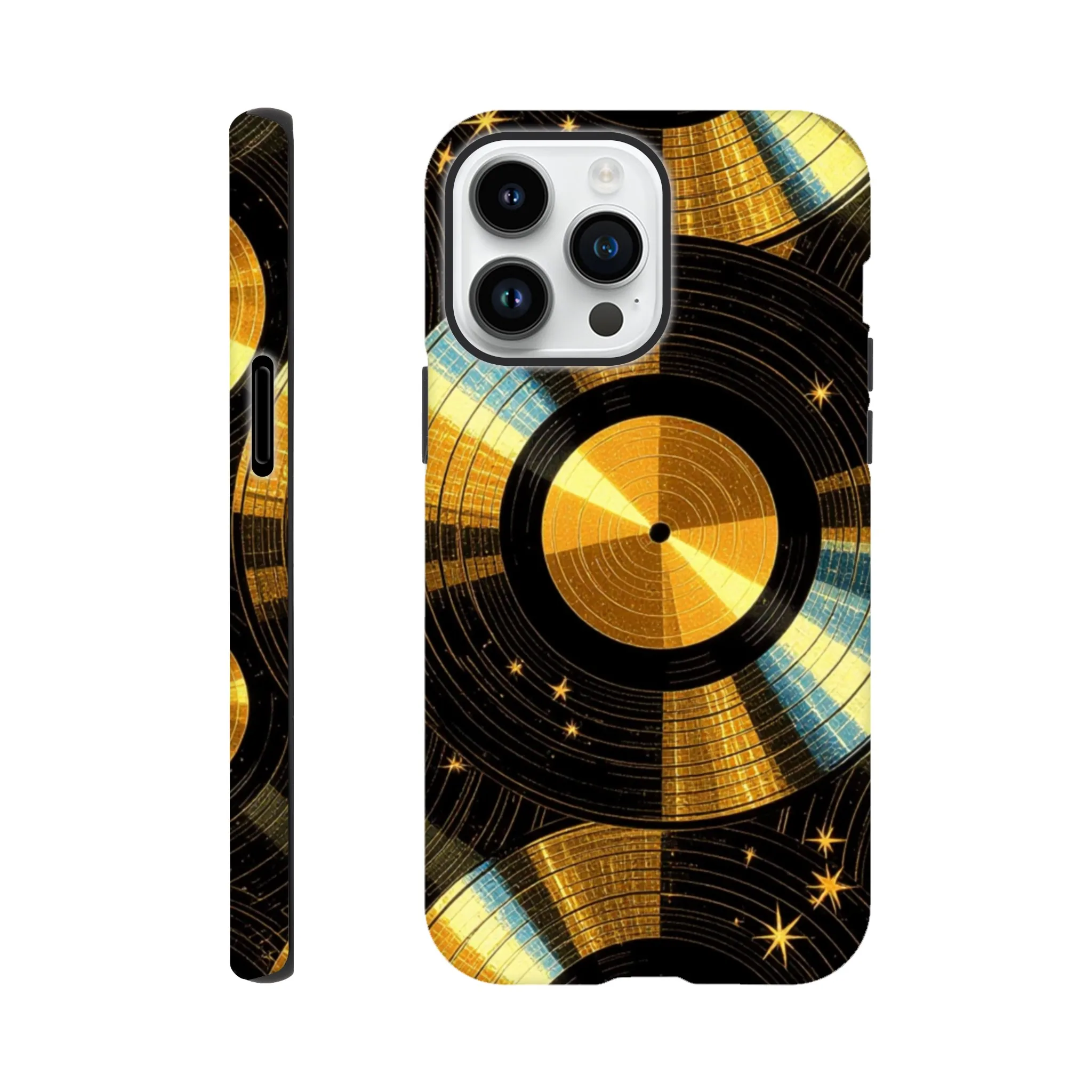 Vintage gold vinyl LP records, retro tough protective phone case. Best retro vintage phone cases in the uk. Trending mobile phone case. Compatible with iPhone models. Aialchemyart.co.uk