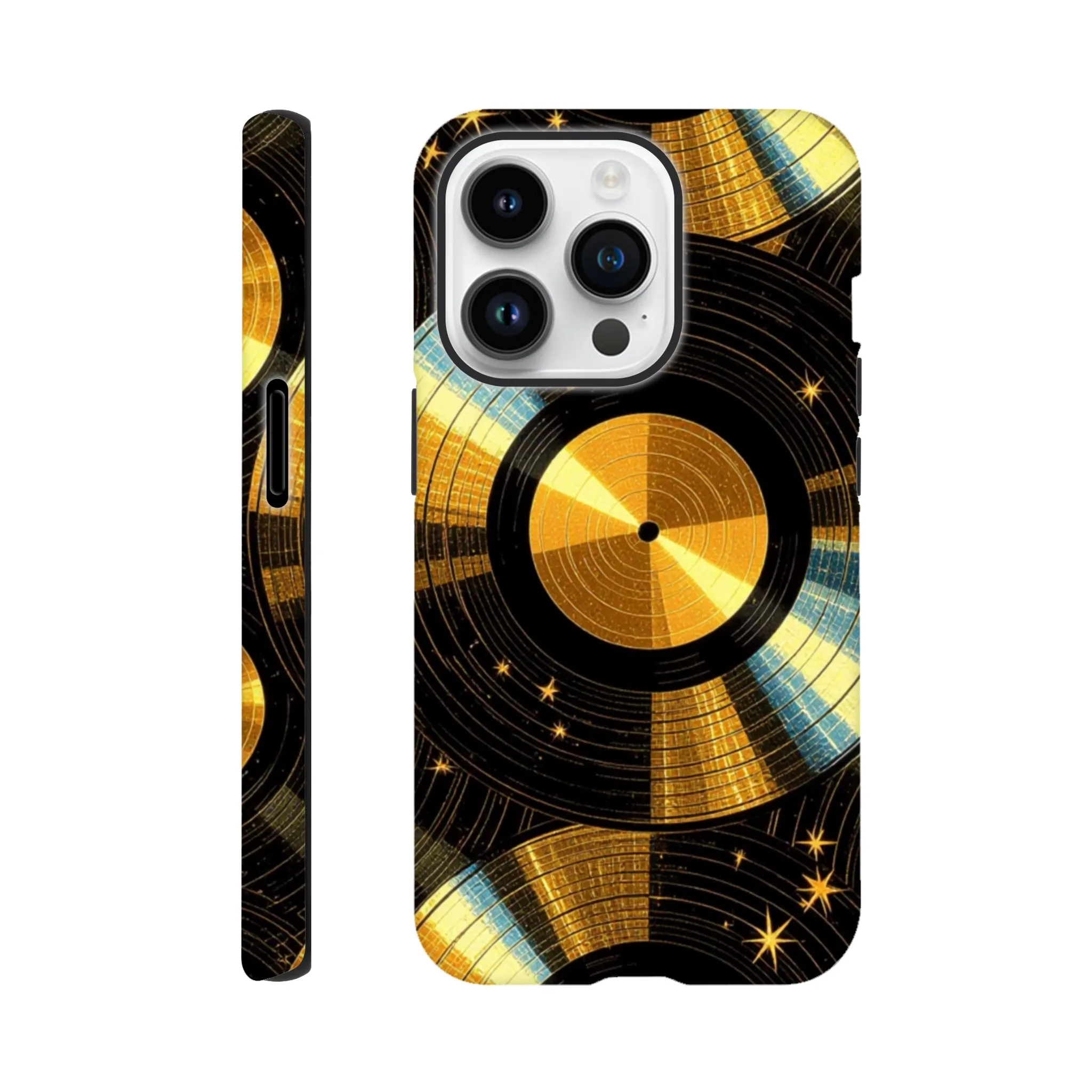 Vintage gold vinyl LP records, retro tough protective phone case. Best retro vintage phone cases in the uk. Trending mobile phone case. Compatible with iPhone models. Aialchemyart.co.uk