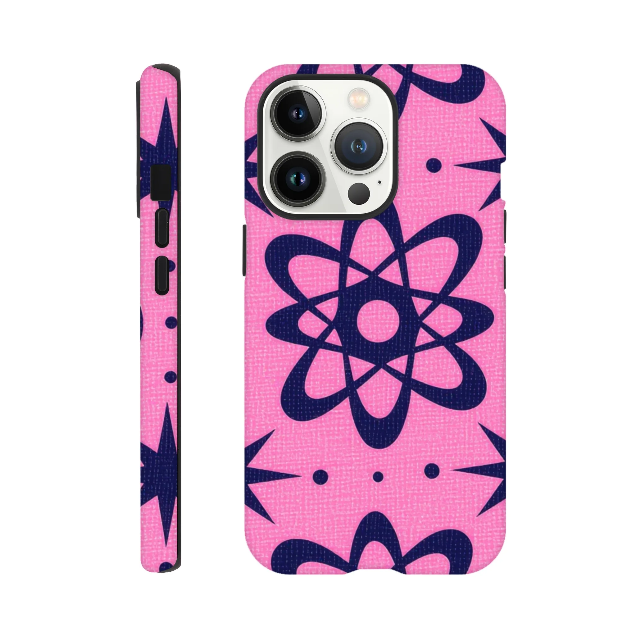 atomic pink and black vintage retro protective mobile phone case. 1950’s. Aialchemyart.co.uk trending iPhone compatible case. Best mobile phone cases uk