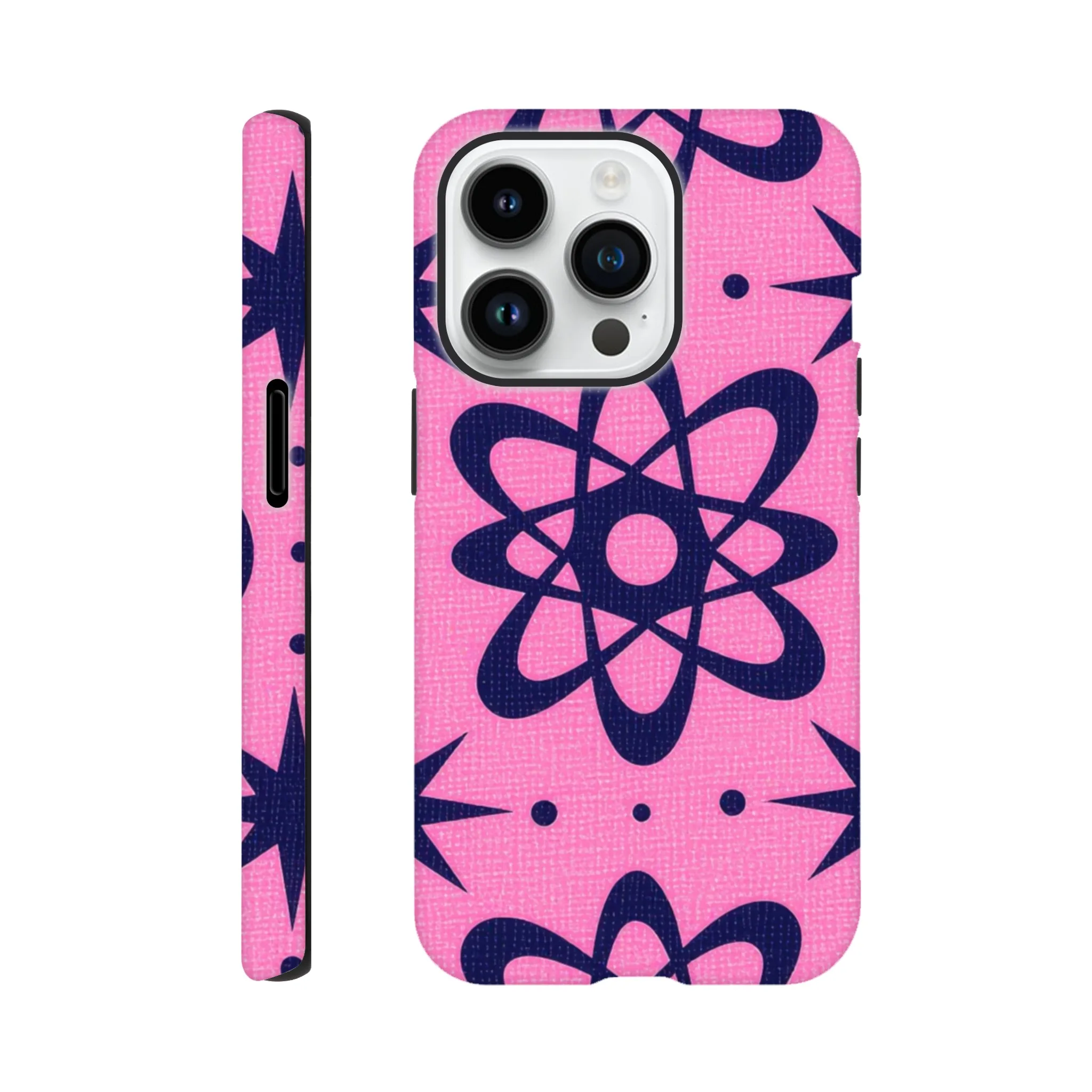 atomic pink and black vintage retro protective mobile phone case. 1950’s. Aialchemyart.co.uk trending iPhone compatible case. Best mobile phone cases uk