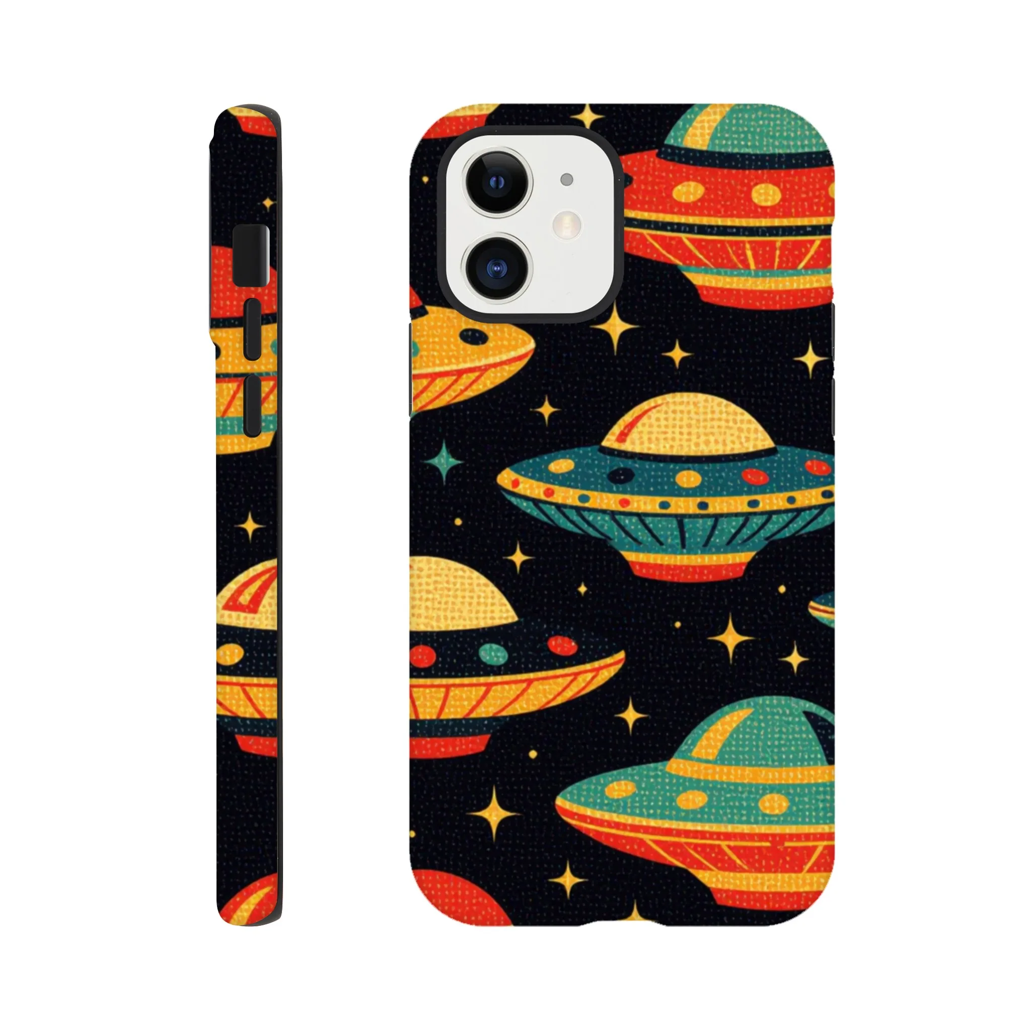 Vintage 1950’s retro tough protective phone case design. Trending vintage art. Compatible with iphones, aialchemyart.co.uk Flying saucers 1950’s