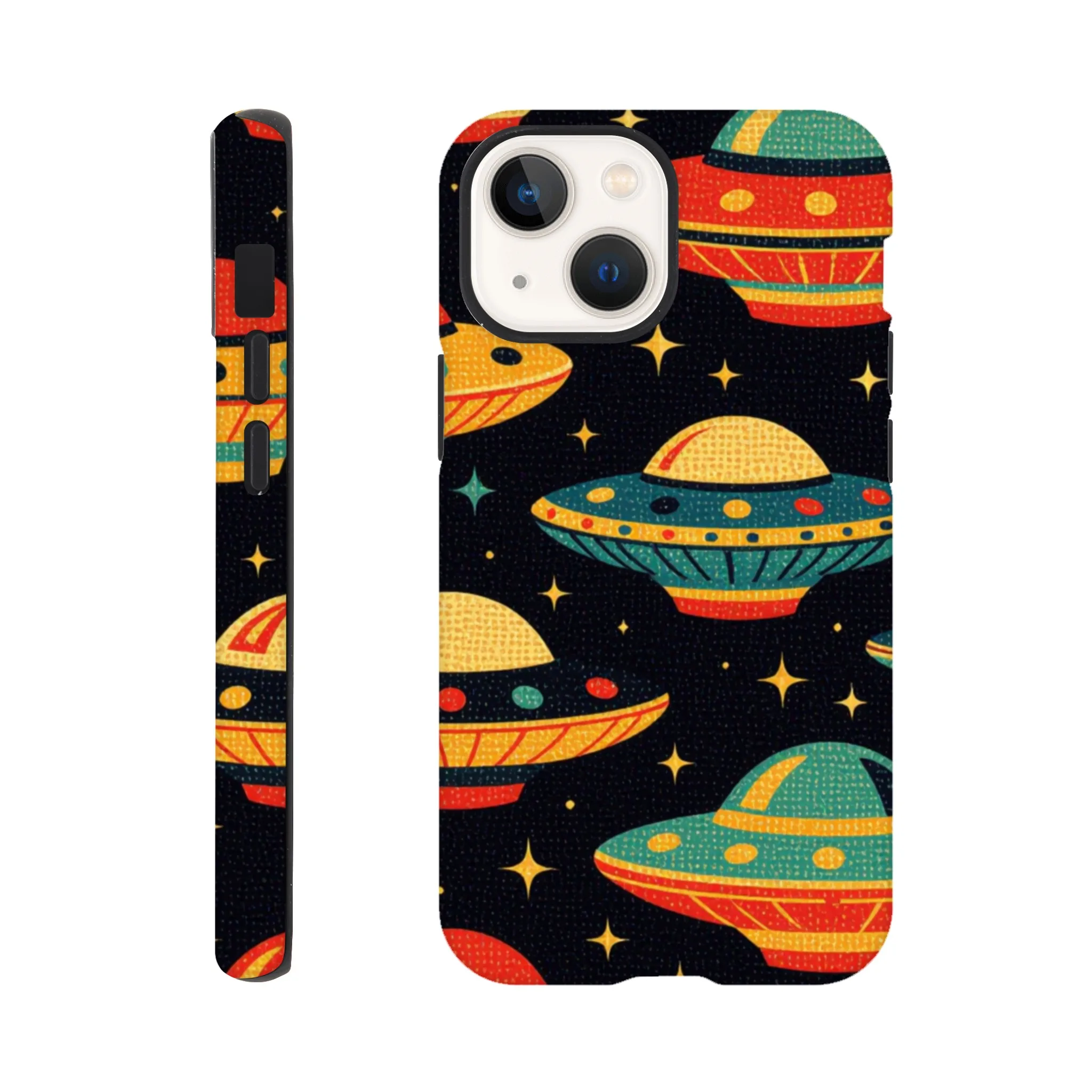 Vintage 1950’s retro tough protective phone case design. Trending vintage art. Compatible with iphones, aialchemyart.co.uk Flying saucers 1950’s