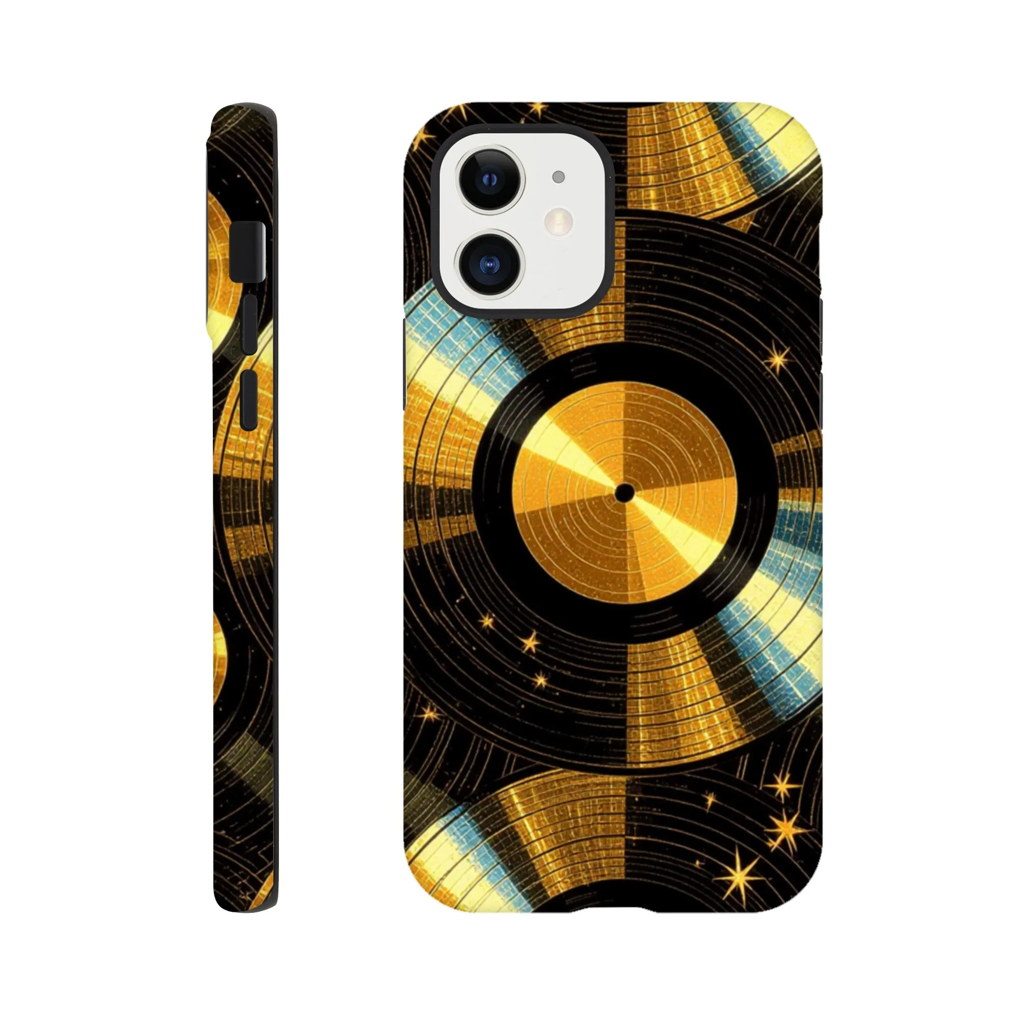 Vintage gold vinyl LP records, retro tough protective phone case. Best retro vintage phone cases in the uk. Trending mobile phone case. Compatible with iPhone models. Aialchemyart.co.uk