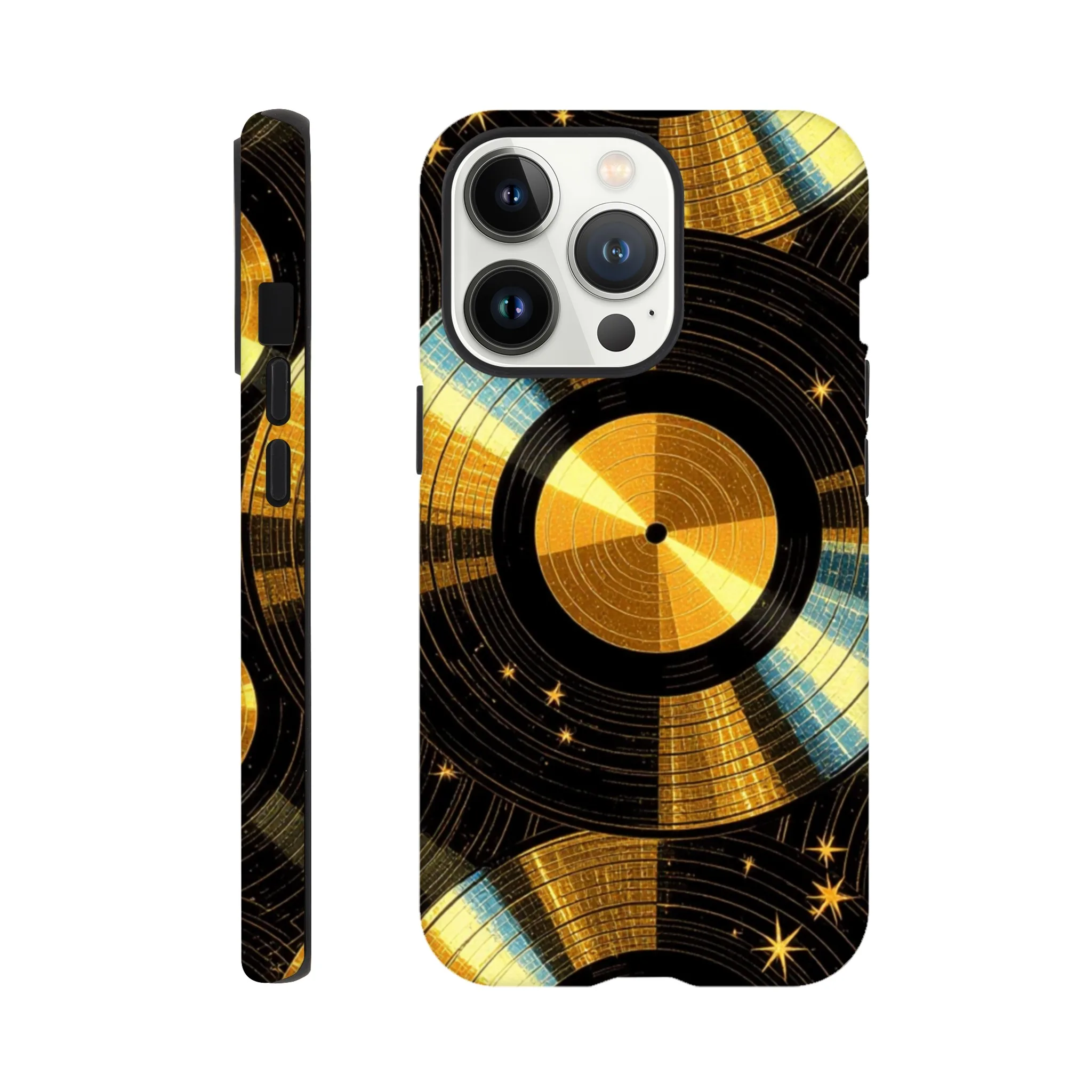Vintage gold vinyl LP records, retro tough protective phone case. Best retro vintage phone cases in the uk. Trending mobile phone case. Compatible with iPhone models. Aialchemyart.co.uk