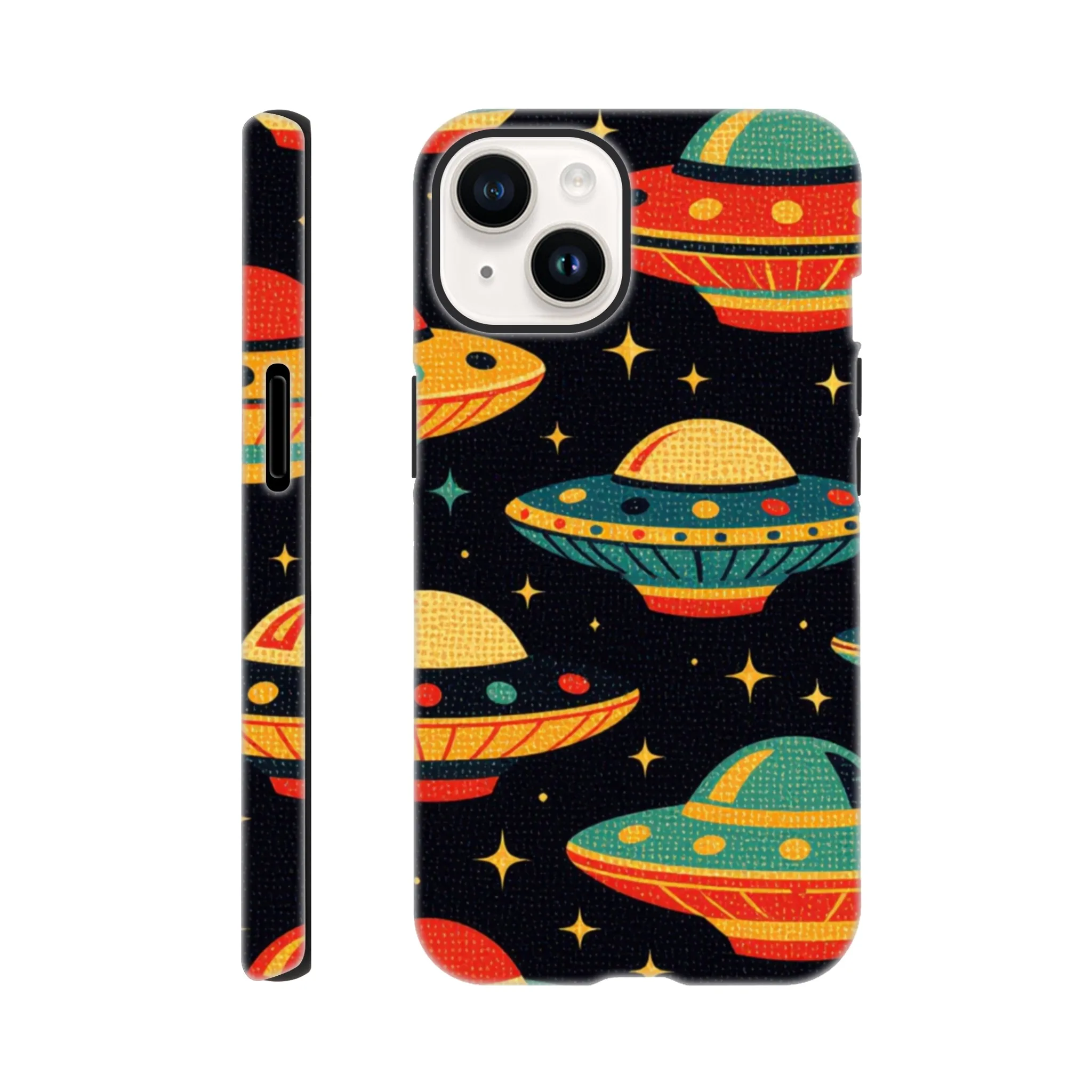 Vintage 1950’s retro tough protective phone case design. Trending vintage art. Compatible with iphones, aialchemyart.co.uk Flying saucers 1950’s