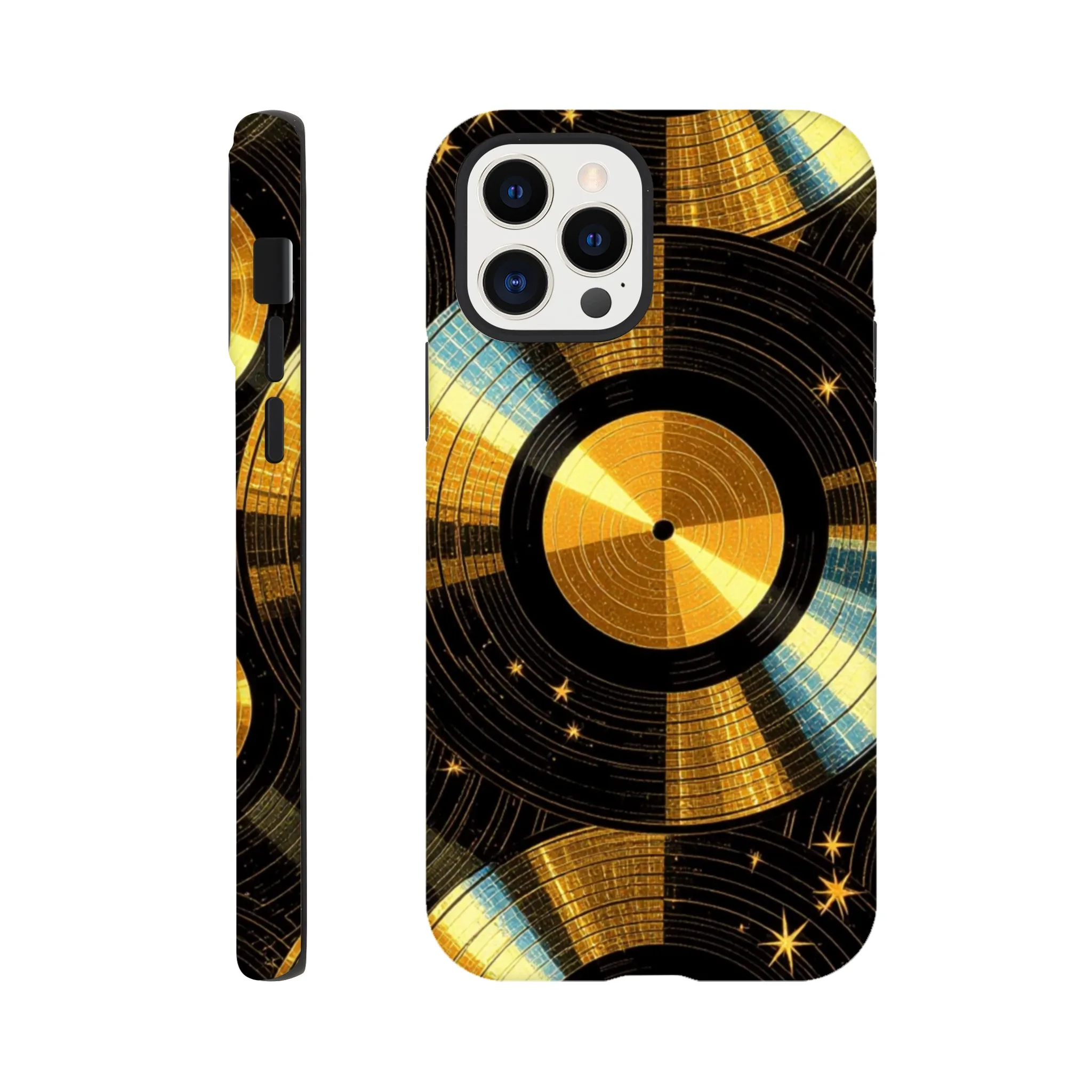 Vintage gold vinyl LP records, retro tough protective phone case. Best retro vintage phone cases in the uk. Trending mobile phone case. Compatible with iPhone models. Aialchemyart.co.uk