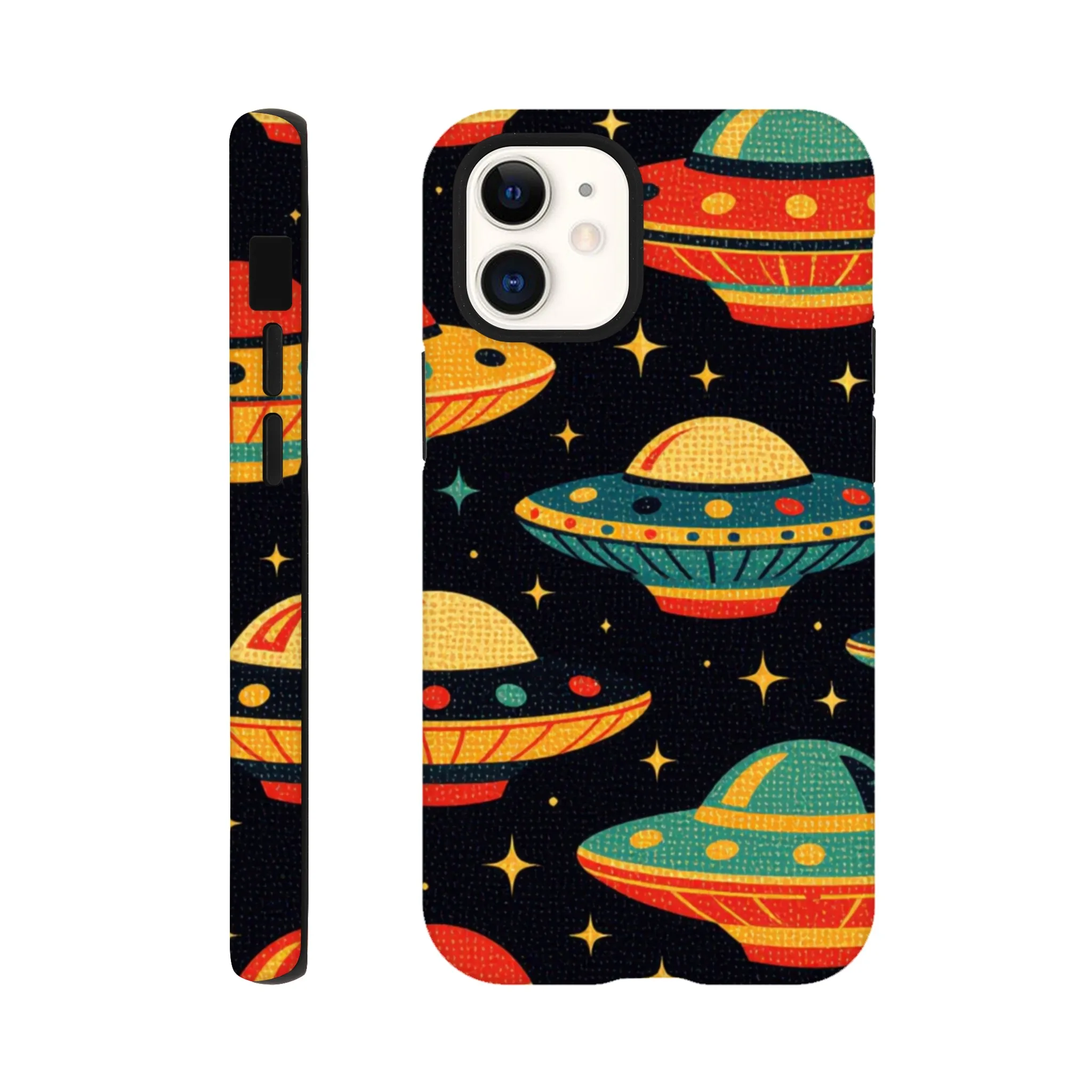 Vintage 1950’s retro tough protective phone case design. Trending vintage art. Compatible with iphones, aialchemyart.co.uk Flying saucers 1950’s