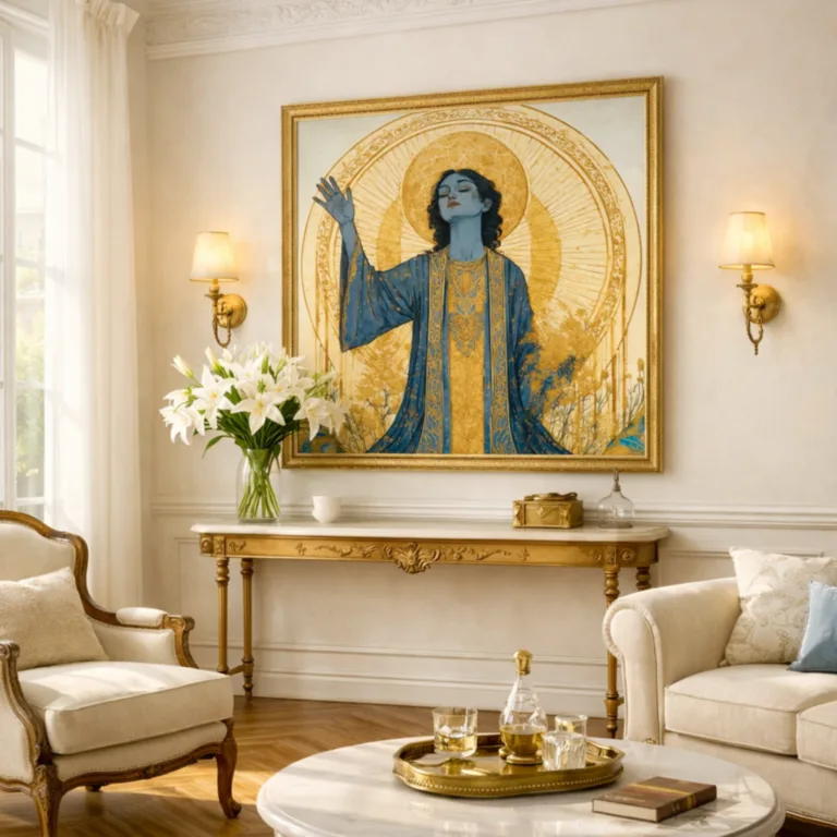 Vintage art nouveau tarot woman muse design. Woman in flowing gold and blue gown. Hand raised to the sun, halo above head. Aialchemyart.co.uk best vintage, retro, art deco wall art in the uk. Stylish vintage lady