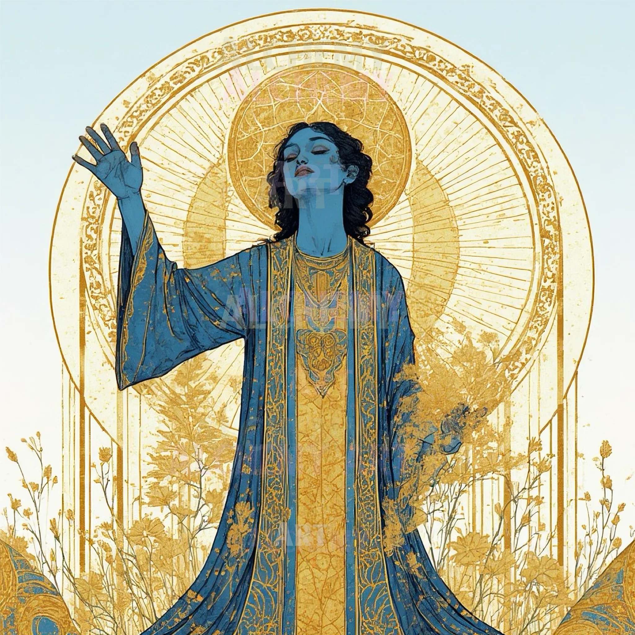 Vintage art nouveau tarot woman muse design. Woman in flowing gold and blue gown. Hand raised to the sun, halo above head. Aialchemyart.co.uk best vintage, retro, art deco wall art in the uk. Stylish vintage lady