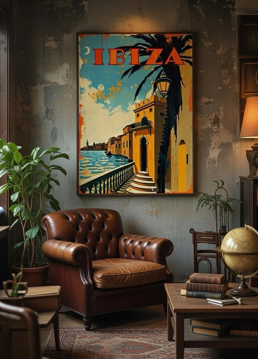 Vintage ibiza travel poster art. Retro, art deco, trending wall art, prints and posters,art. Best vintage retro travel art in uk. 1950’s rockabilly aialchemyart.co.uk