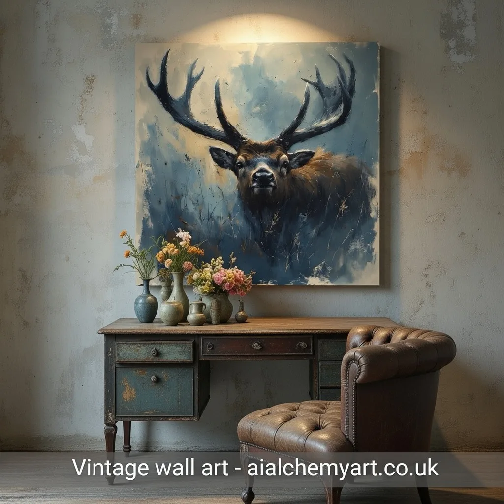 Vintage blue stag animal art. Best vintage animal art prints and posters, wall art uk. Art deco, retro, trending art. Aialchemyart.co.uk