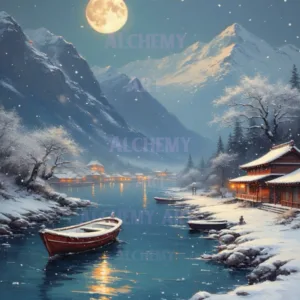 Snow covered boat on river. Vintage winter moon boat art. Best prints and posters in uk. Retro art deco. Aialchemyart.co.uk ice and snow mountains in background art