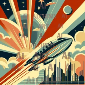 Vintage 1950’s space ship rocket. Retro art deco wall art. Trending vintage art. Best prints and posters in the uk. Aialchemyart.co.uk