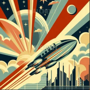 Vintage 1950’s space rocket ship, flying saucer atomic Retro art deco mid century modern atomic wall art. Trending vintage art. Best prints and posters in the uk. Aialchemyart.co.uk mid century modern futuristic poster art