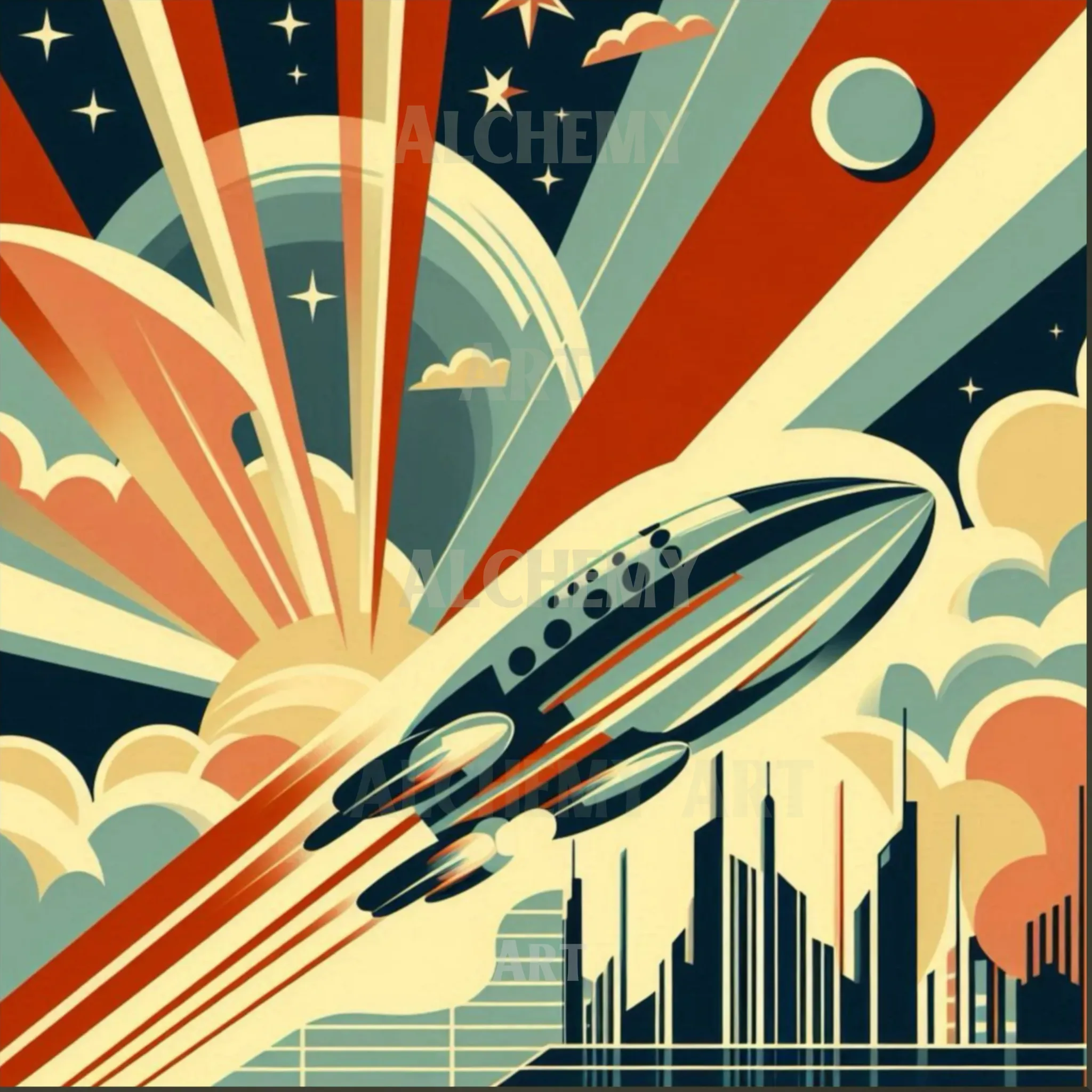 Vintage 1950’s space rocket ship, flying saucer atomic Retro art deco mid century modern atomic wall art. Trending vintage art. Best prints and posters in the uk. Aialchemyart.co.uk mid century modern futuristic poster art