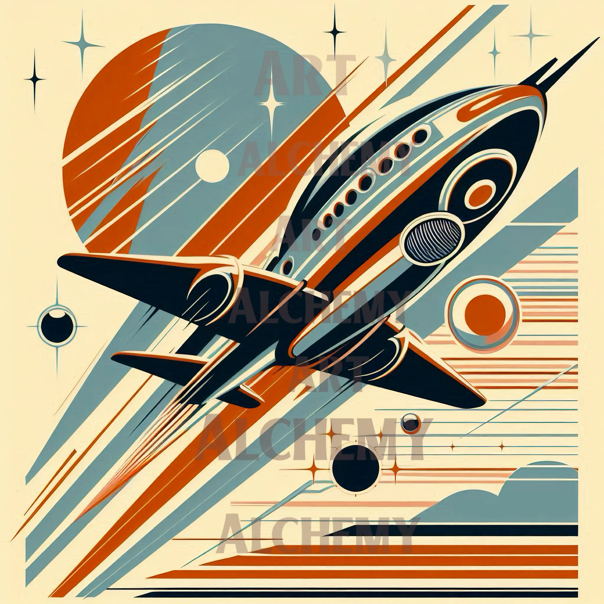 Vintage 1950’s space ship art. Space rocket. Aialchemyart.co.uk best vintage, 1950’s, retro, art deco wall art, prints and posters in the uk