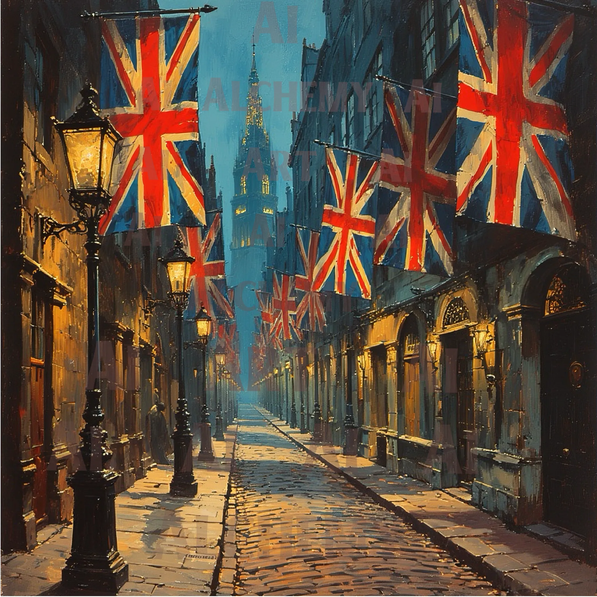 Vintage quaint English street England flags, travel poster art. Retro, art deco, trending wall art, best prints and posters in the uk art. Best vintage retro art in uk. 1950’s aialchemyart.co.uk