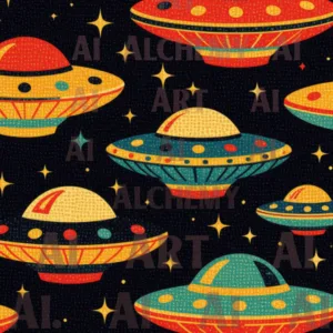 Vintage flying saucer space art. 1950’s retro art deco wall art. Best prints and posters in the uk. Aialchemyart.co.uk