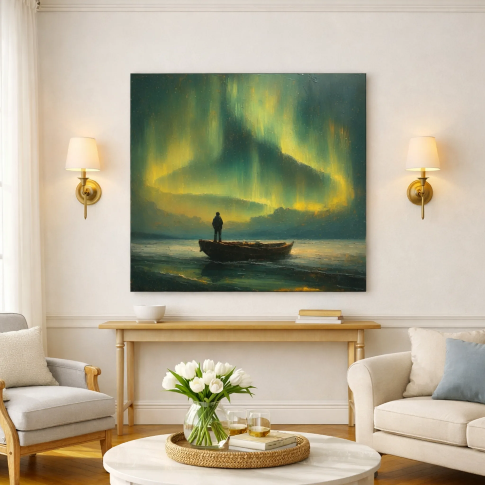 Vintage northern lights art. Man standing in boat gazing at green northern lights in distance . Moody night river sea art. Glowing sky art Nordic glow in sky Aialchemyart.co.uk best vintage art deco retro wall art, prints and posters uk