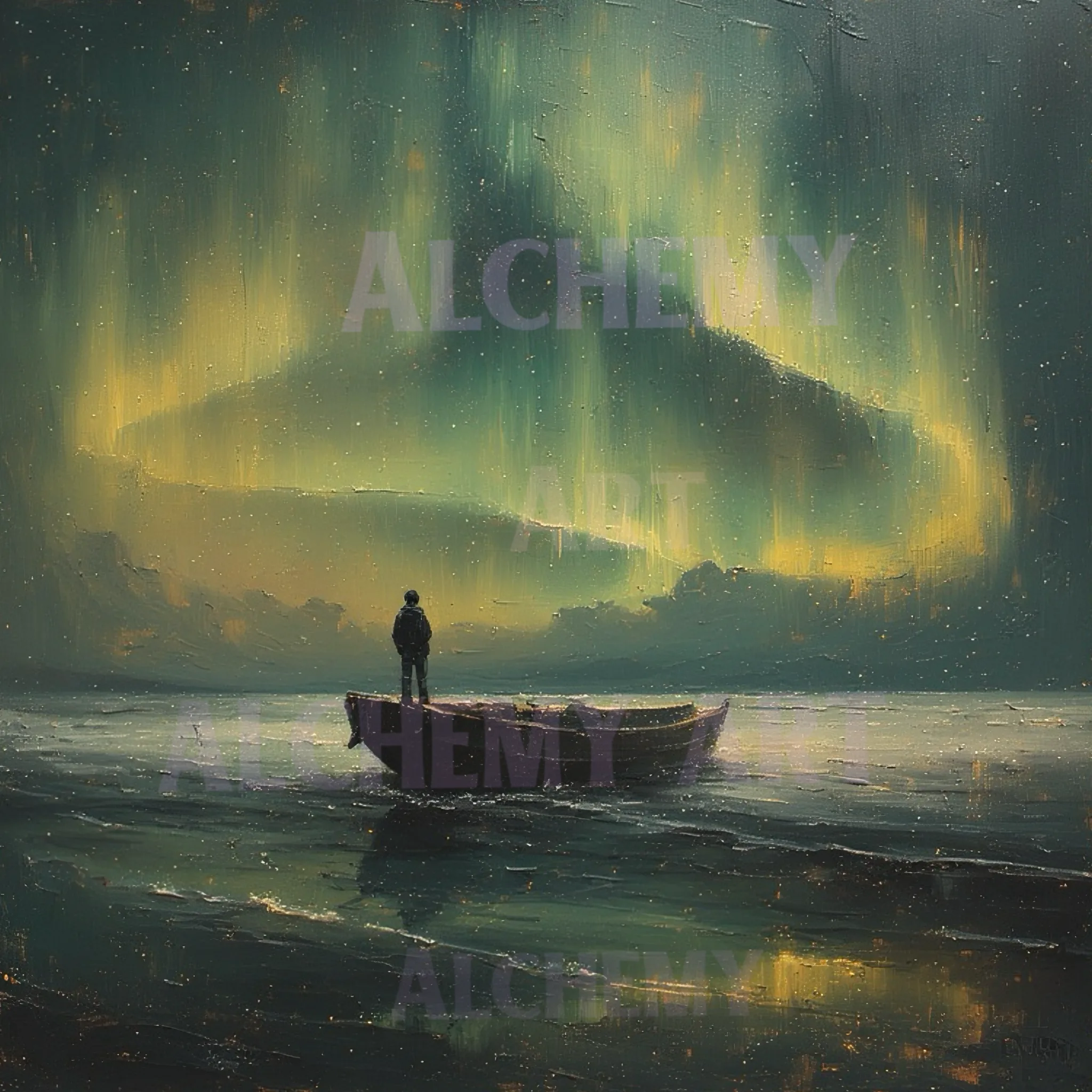 Vintage northern lights art. Man standing in boat gazing at green northern lights in distance . Moody night river sea art. Glowing sky art Nordic glow in sky Aialchemyart.co.uk best vintage art deco retro wall art, prints and posters uk