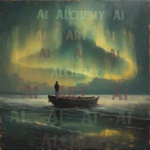 Vintage northern lights boat art. Retro art deco, best prints and posters in the uk. Aialchemyart.co.uk