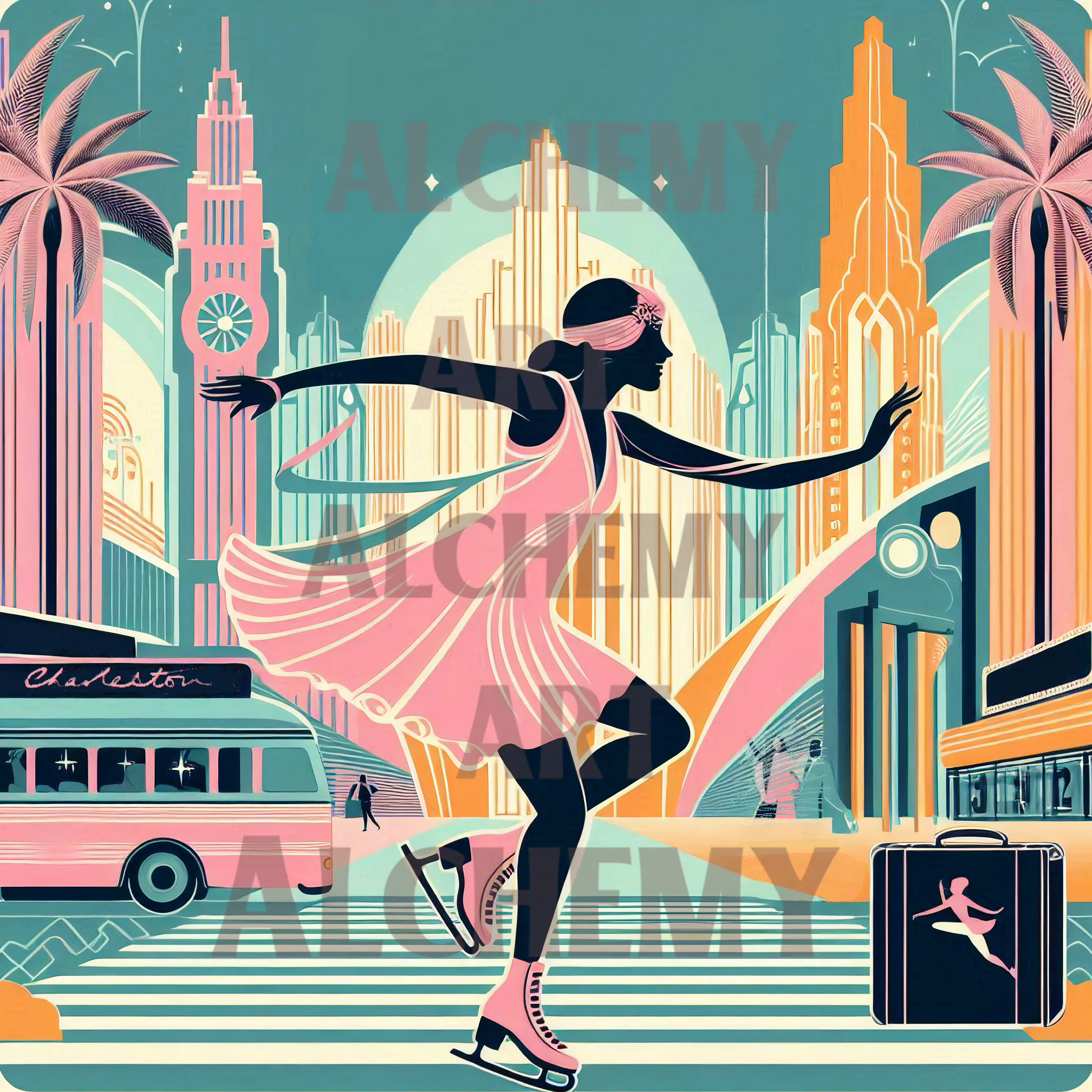 1950’s-vintage-retro-art-deco, 1920’s-flowing-woman-Aialchemyart.co.uk-best-wall-art-prints-and-posters-rockabilly-art-in-uk-retro-stylish-woman-in-pink-dress-dancing-in-vintage-street-palm-tree-lined-art-jazz-jitterbug-woman