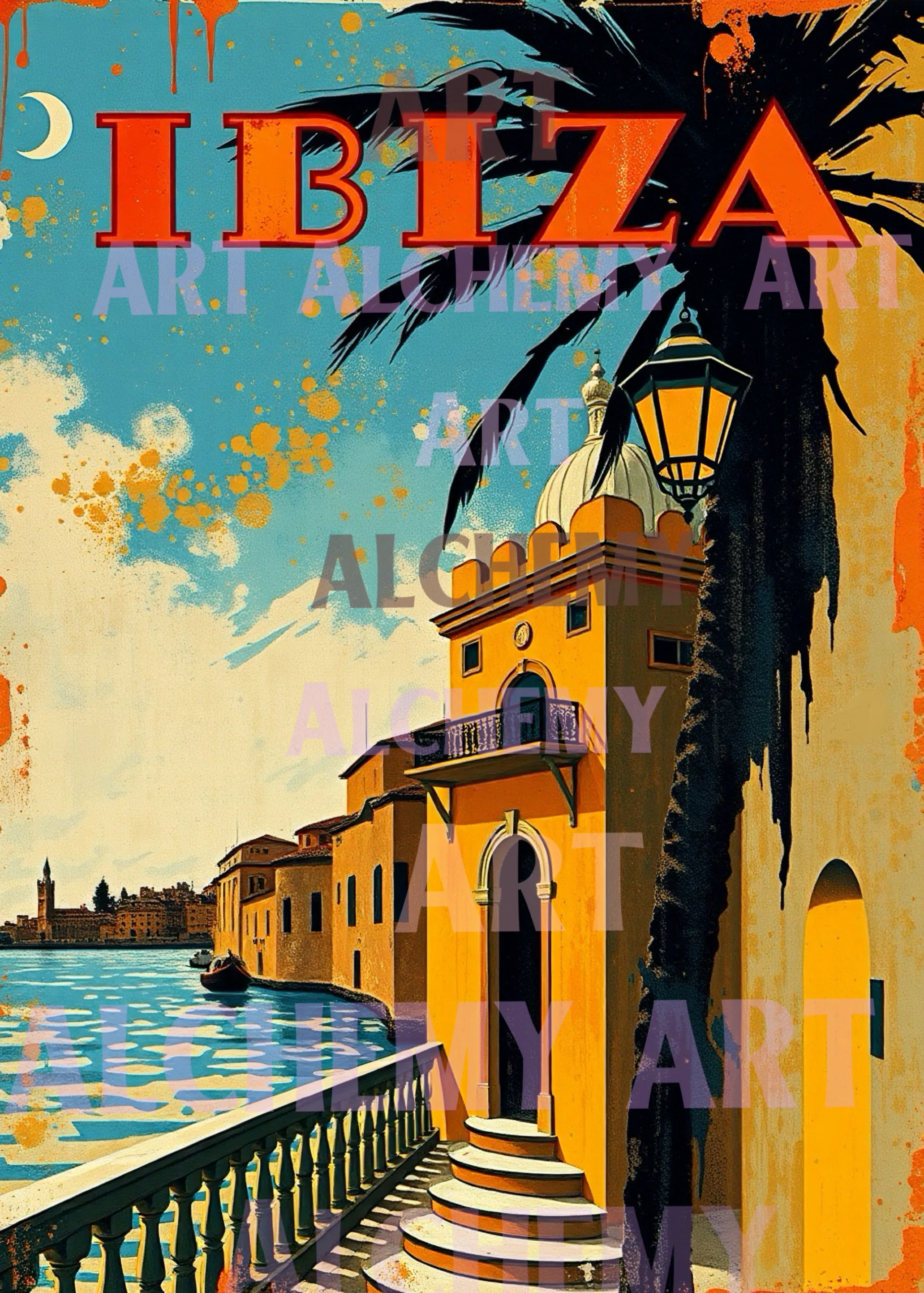 Ibiza Vintage ibiza travel poster art. Retro, art deco, trending wall art, prints and posters,art. Best vintage retro art in uk. 1950’s rockabilly aialchemyart.co.uk travel poster, Best beach art, art deco, vintage art work, wall art, prints and posters uk aialchemyart.co.uk trending art