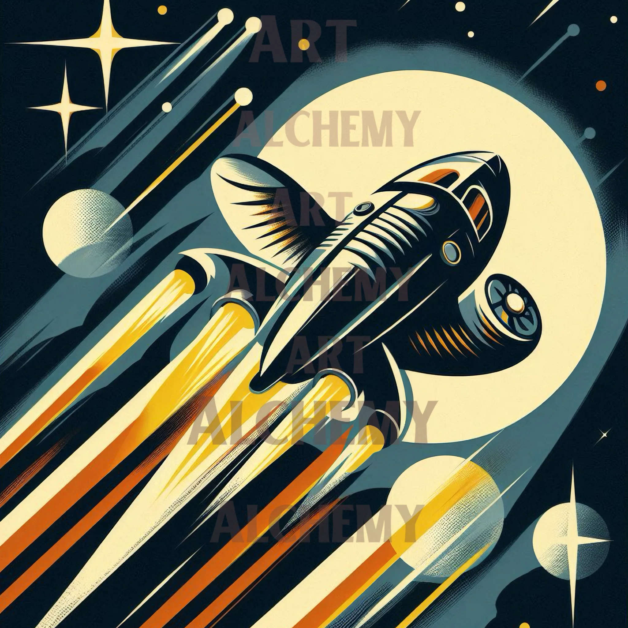 1950’s vintage retro space rocket. Aialchemyart.co.uk best wall art, prints and posters, rockabilly, art in uk space atomic 1950’s futuristic flying saucer art