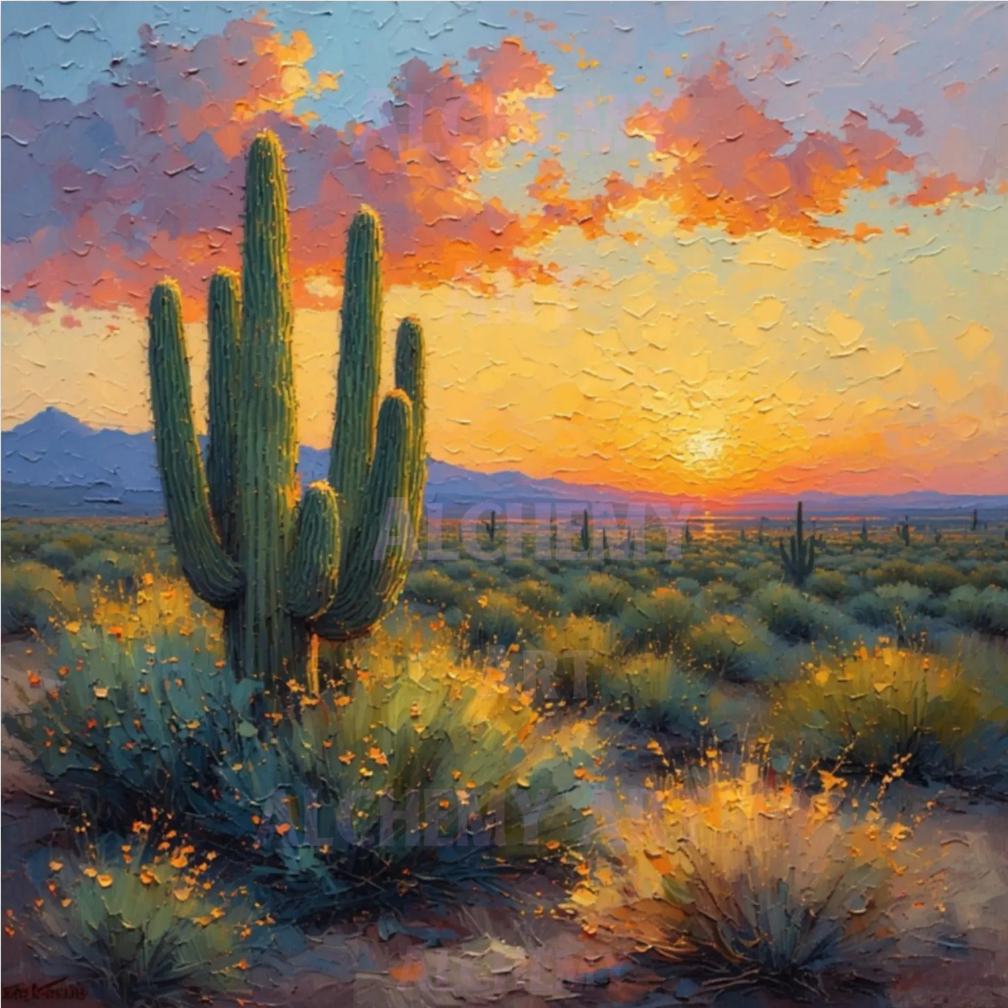 Stunning sun and desert cactus art, vintage trending nature art cactus . Trending best wall art prints and posters in the uk. Aialchemyart.co.uk funky quirky retro design 1950’s dry parched barren art