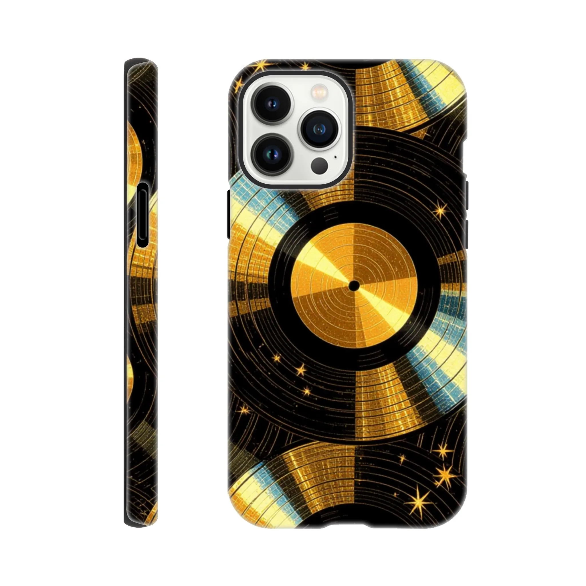 Vintage gold vinyl LP records, retro tough protective phone case. Best retro vintage phone cases in the uk. Trending mobile phone case. Compatible with iPhone models. Aialchemyart.co.uk