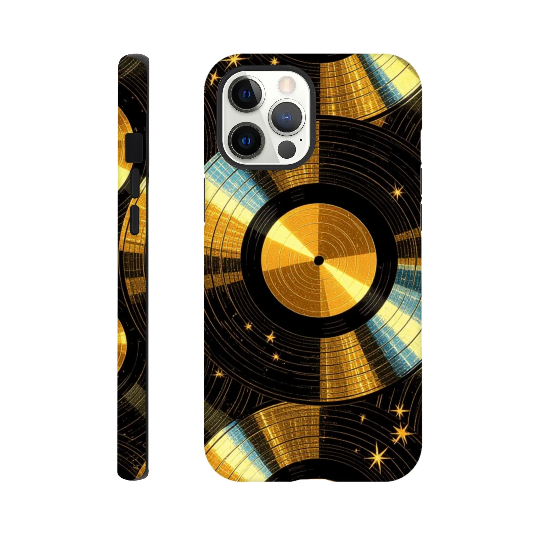 Vintage gold vinyl LP records, retro tough protective phone case. Best retro vintage phone cases in the uk. Trending mobile phone case. Compatible with iPhone models. Aialchemyart.co.uk