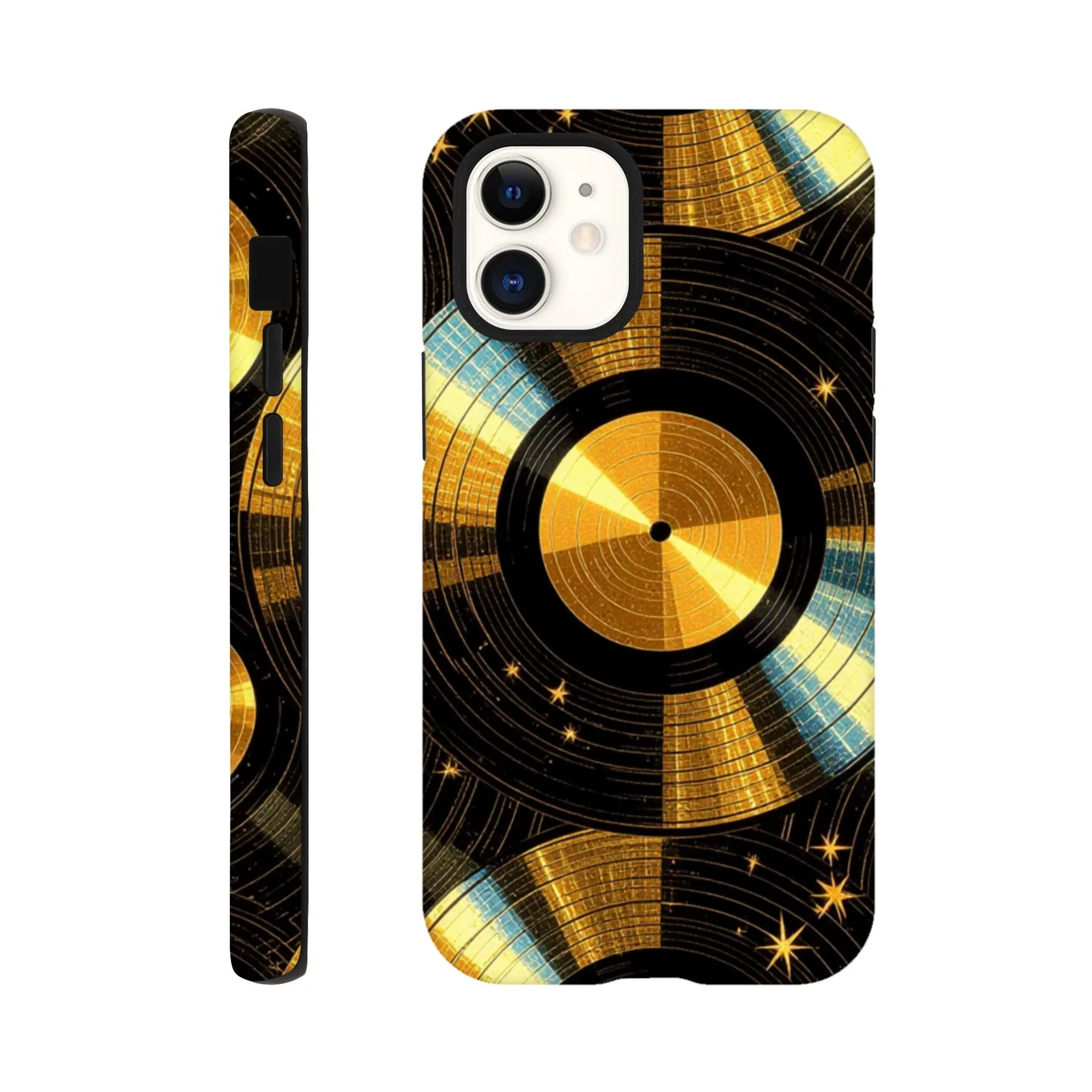 Vintage gold vinyl LP records, retro tough protective phone case. Best retro vintage phone cases in the uk. Trending mobile phone case. Compatible with iPhone models. Aialchemyart.co.uk