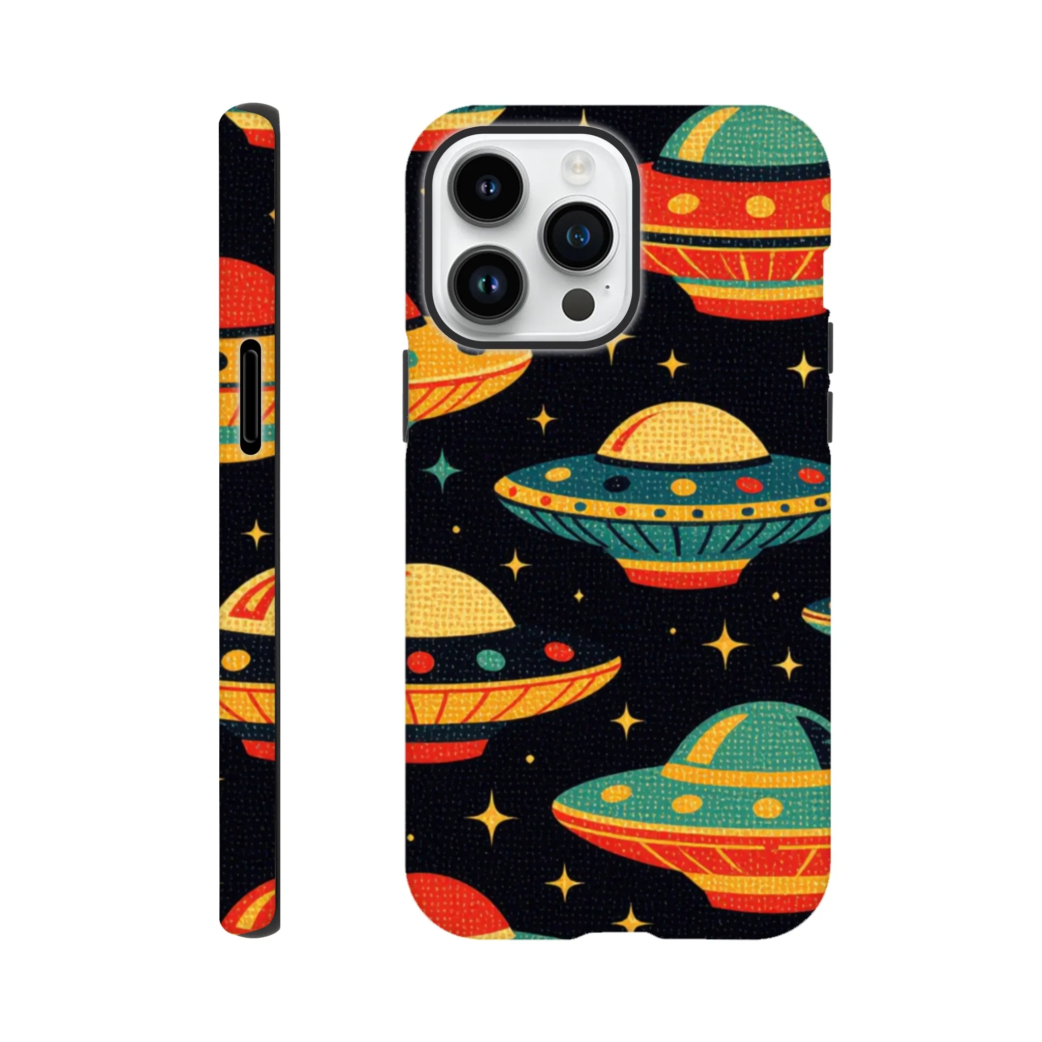 Vintage 1950’s retro tough protective phone case design. Trending vintage art. Compatible with iphones, aialchemyart.co.uk Flying saucers 1950’s