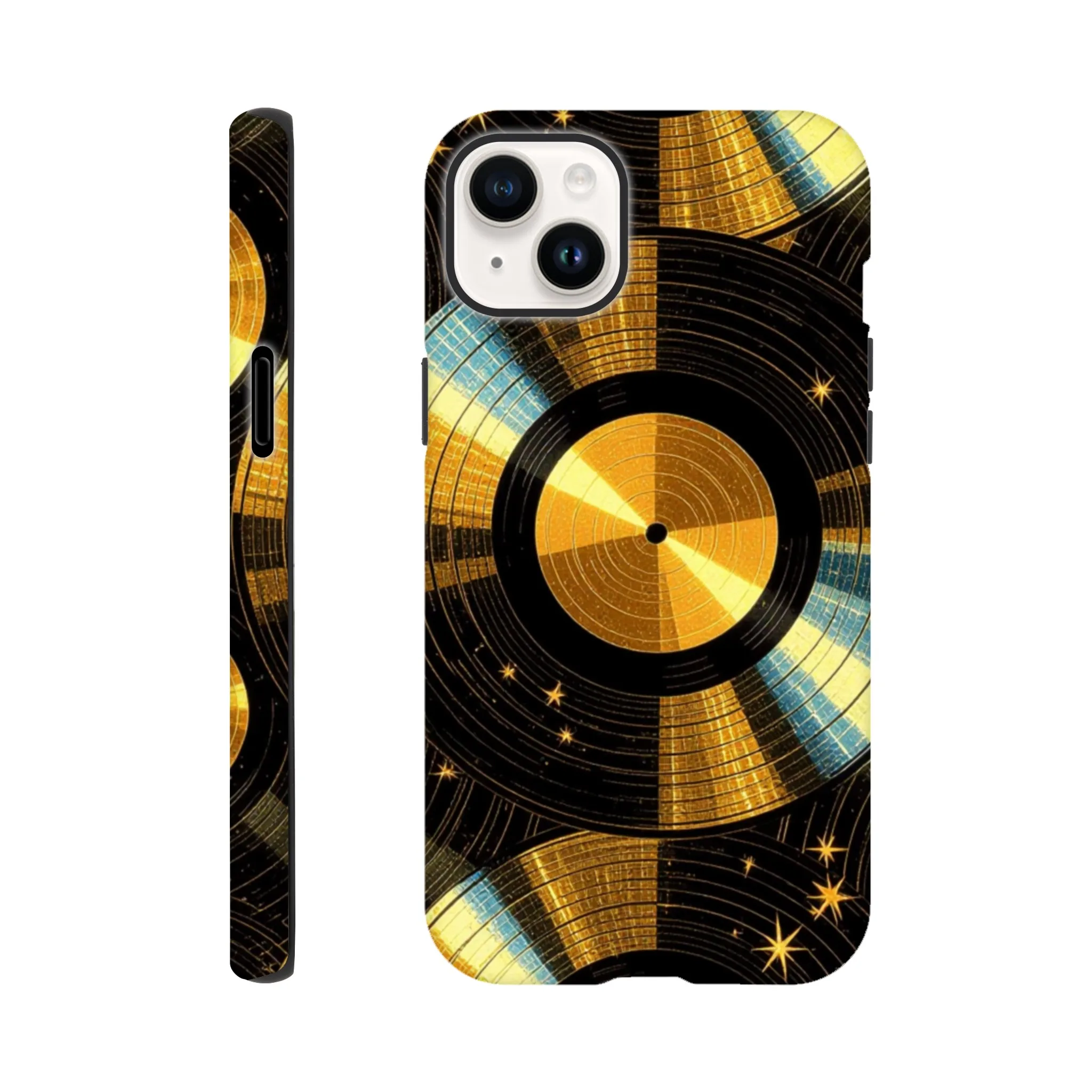 Vintage gold vinyl LP records, retro tough protective phone case. Best retro vintage phone cases in the uk. Trending mobile phone case. Compatible with iPhone models. Aialchemyart.co.uk