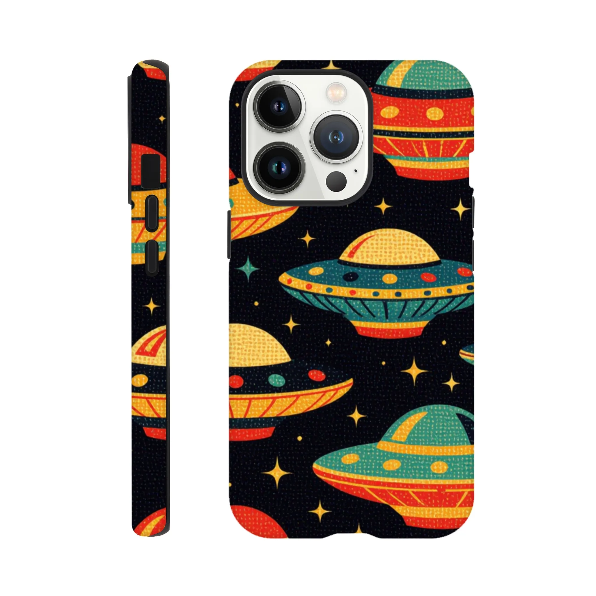 Vintage 1950’s retro tough protective phone case design. Trending vintage art. Compatible with iphones, aialchemyart.co.uk Flying saucers 1950’s