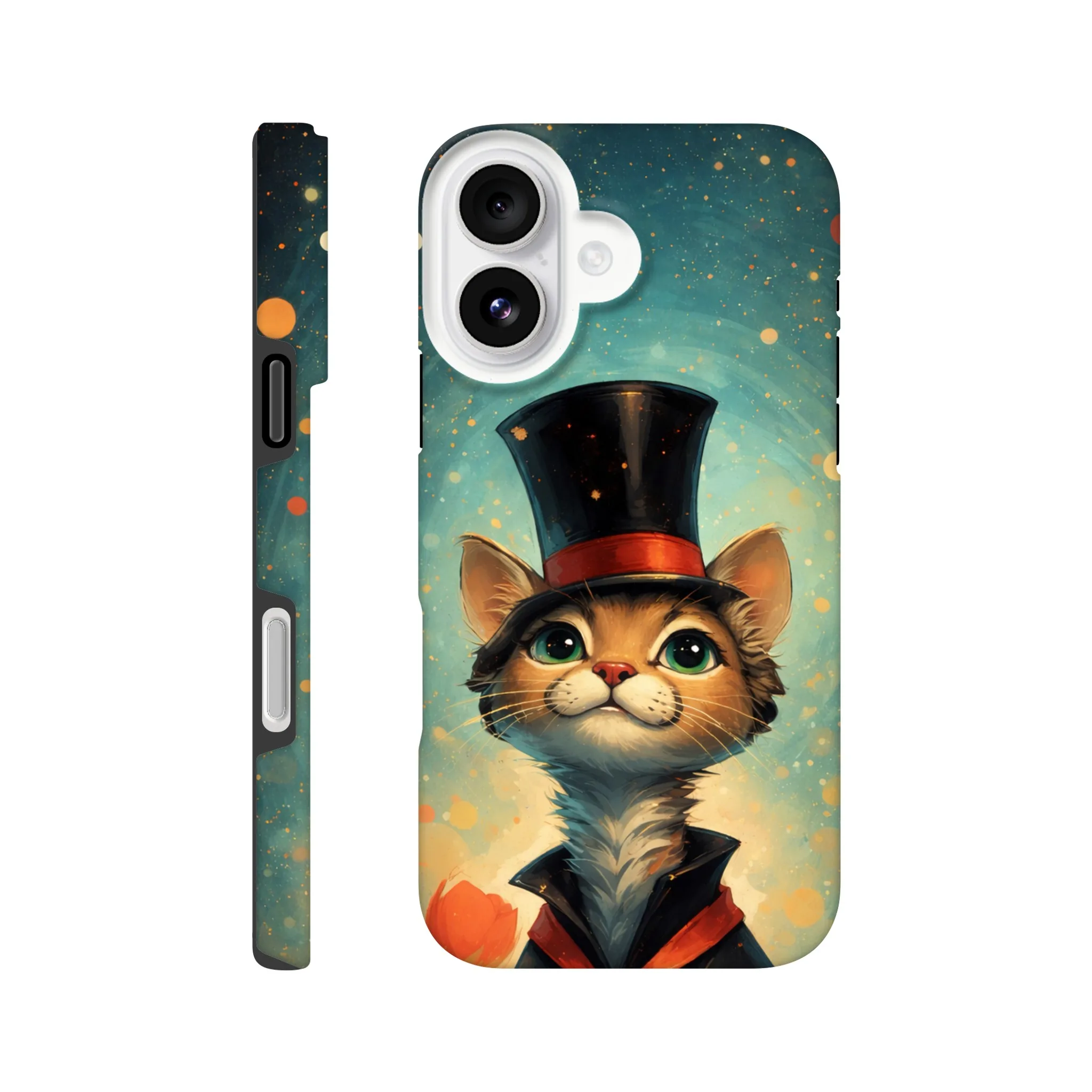 Vintage whimsical 1950’s cat with top hat retro atomic, art deco, mid century design protective mobile phone case. Tough custom iPhone compatible mobile phone case. Aialchemyart.co.uk