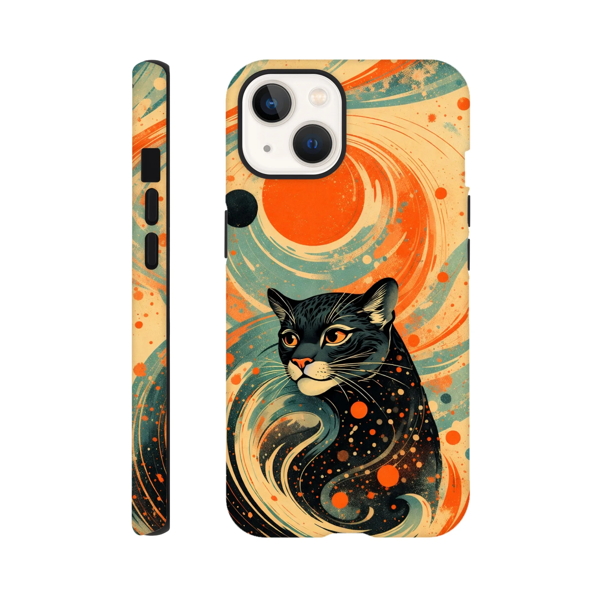 Vintage whimsical 1950’s big cat panther retro atomic, art deco, mid century design protective mobile phone case. Tough custom iPhone compatible mobile phone case. Aialchemyart.co.uk