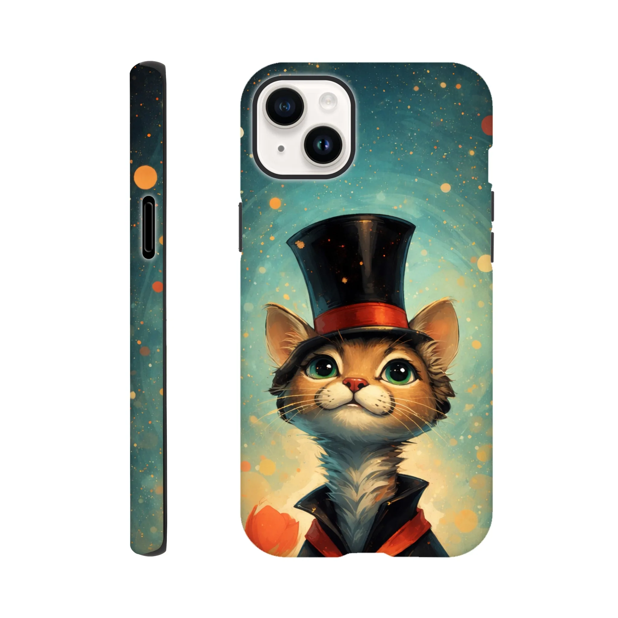 Vintage whimsical 1950’s cat with top hat retro atomic, art deco, mid century design protective mobile phone case. Tough custom iPhone compatible mobile phone case. Aialchemyart.co.uk
