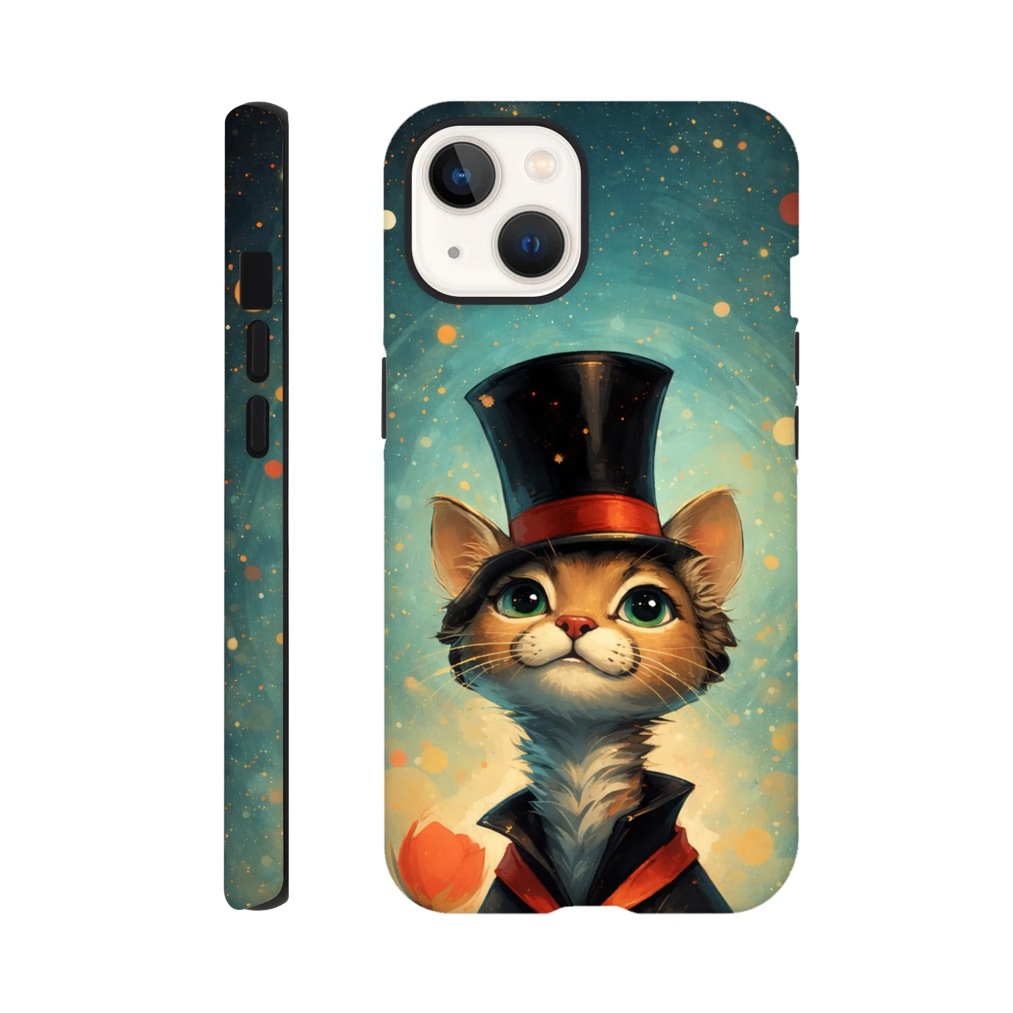 Vintage whimsical 1950’s cat with top hat retro atomic, art deco, mid century design protective mobile phone case. Tough custom iPhone compatible mobile phone case. Aialchemyart.co.uk