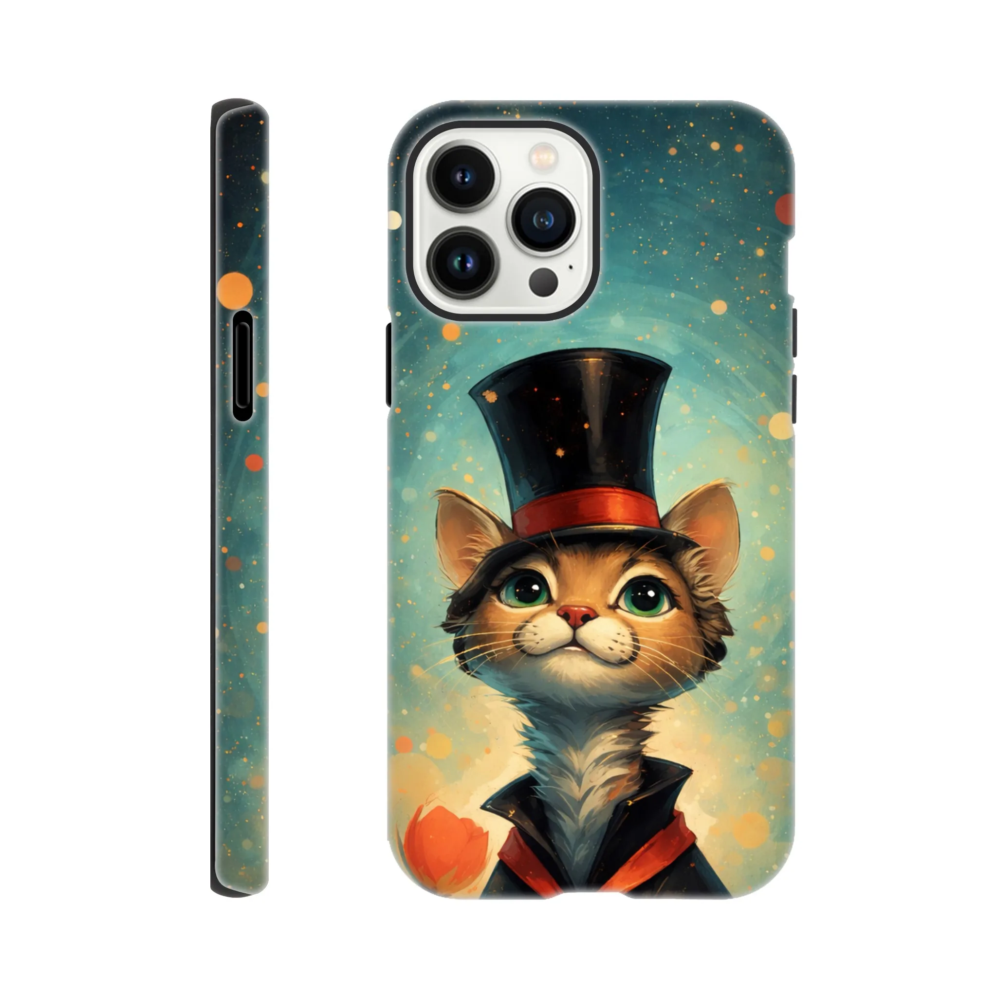 Vintage whimsical 1950’s cat with top hat retro atomic, art deco, mid century design protective mobile phone case. Tough custom iPhone compatible mobile phone case. Aialchemyart.co.uk