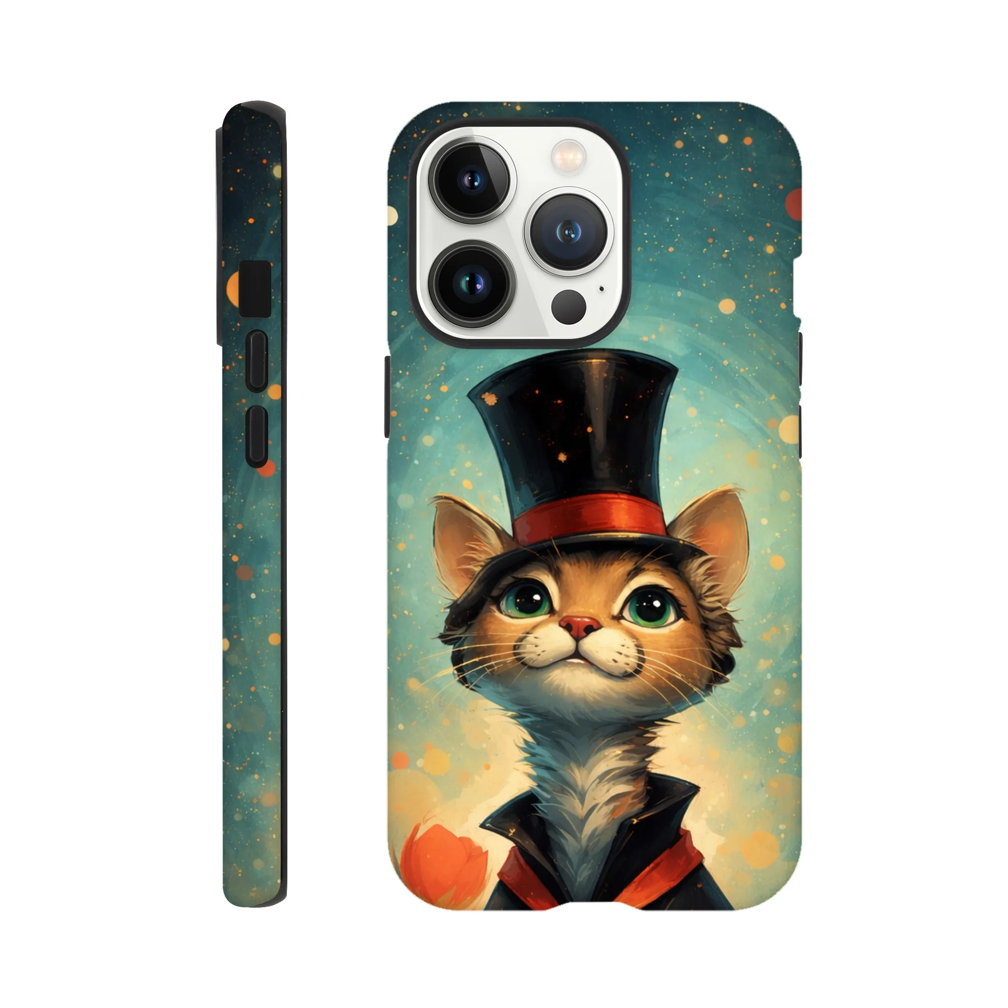 Vintage whimsical 1950’s cat with top hat retro atomic, art deco, mid century design protective mobile phone case. Tough custom iPhone compatible mobile phone case. Aialchemyart.co.uk