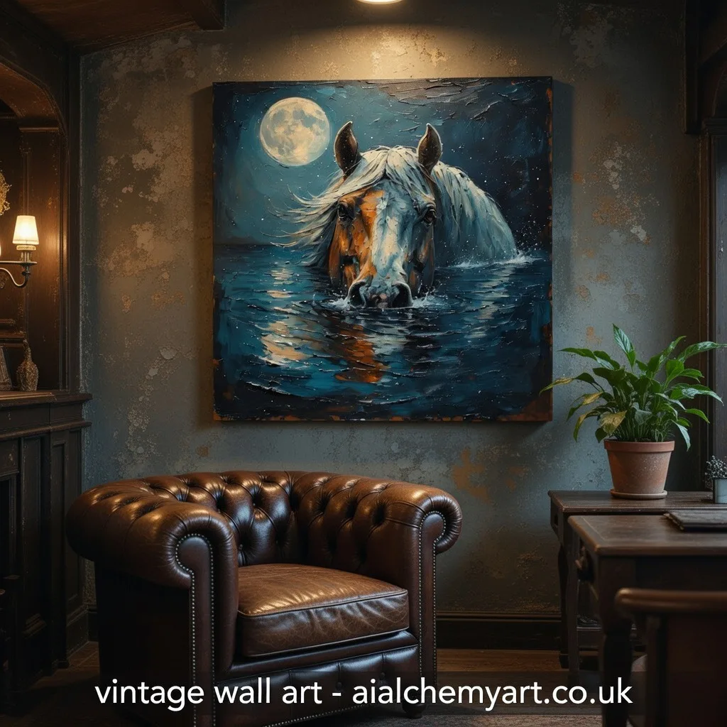 The moon’s guardian - horse in river. Aialchemyart.co.uk best vintage art deco wall art, prints and posters in uk