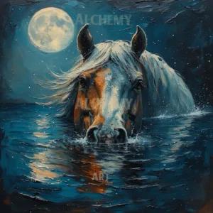 The-moon’s-guardian-horse-in-river-Aialchemyart.co.uk-best-vintage-style art-deco-wall-art-prints-and-posters-in-uk-horse-swimming-in-river-at-night-in-moonlight retro water horse with blue hues