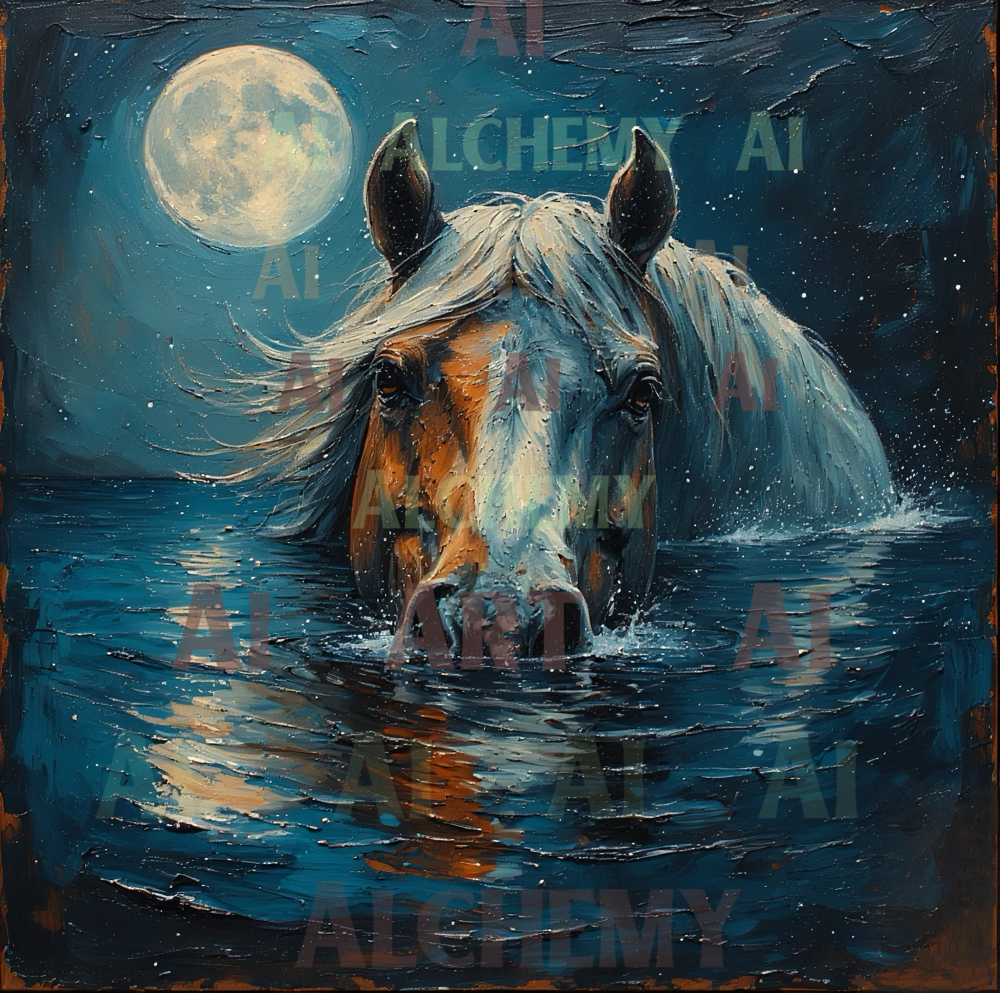 The-moon’s-guardian-horse-in-river-Aialchemyart.co.uk-best-vintage-art-deco-wall-art-prints-and-posters-in-uk-horse-swimming-in-river-at-night-in-moonlight