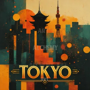 Vintage 1950’s Tokyo travel poster aialchemyart.co.uk best vintage 1950’s prints and posters uk. Retro art deco wall art