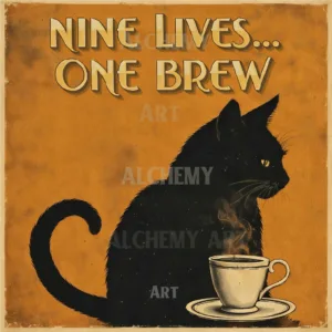 Vintage black cat whimsical art. 1950’s wall art. Best vintage prints and posters uk. Retro quirky funky animal art. Aialchemyart.co.uk