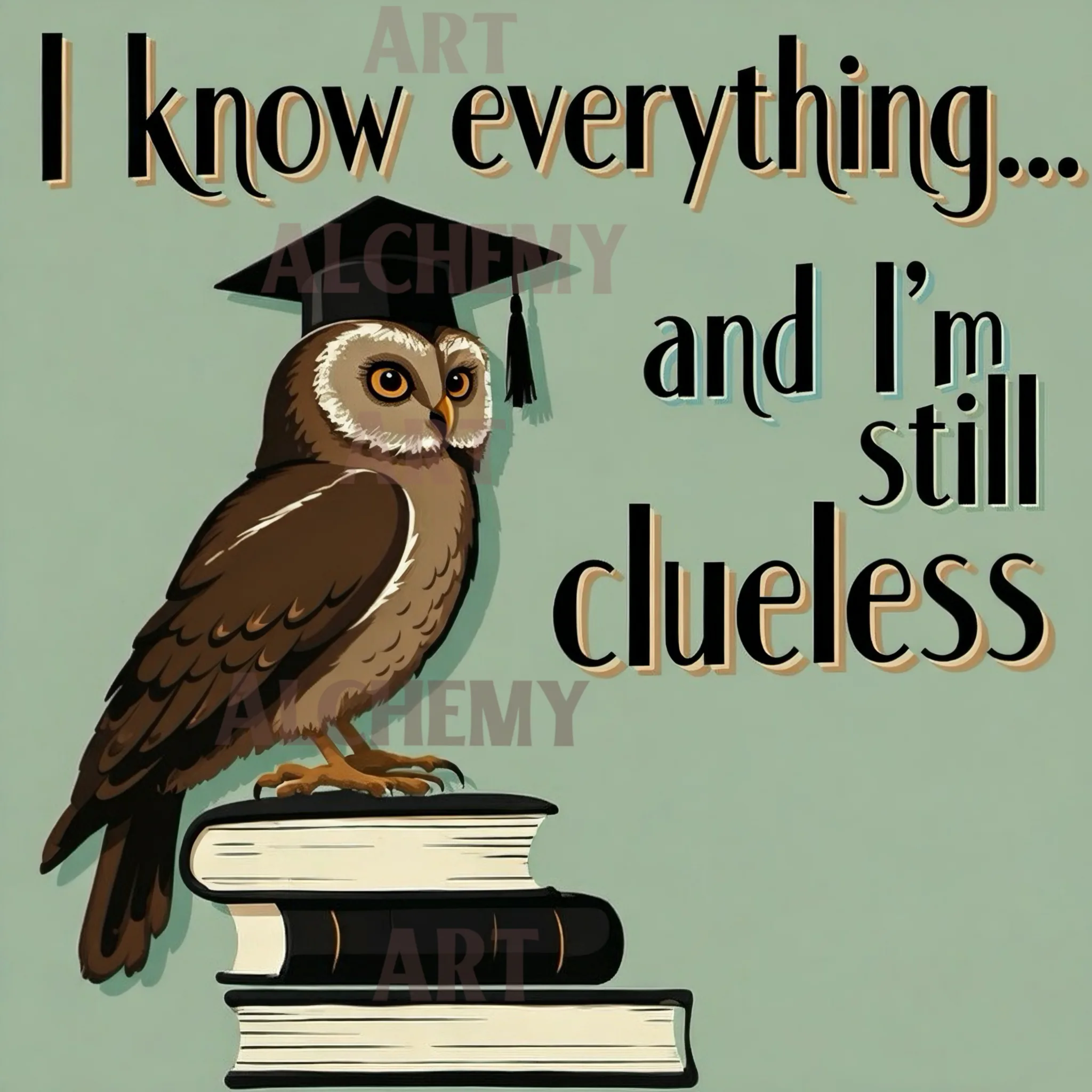 Funny 1950's vintage clueless owl. Whimsical Vintage comedy Art Aialchemyart.co.uk retro 1950’s humorous comical wall art